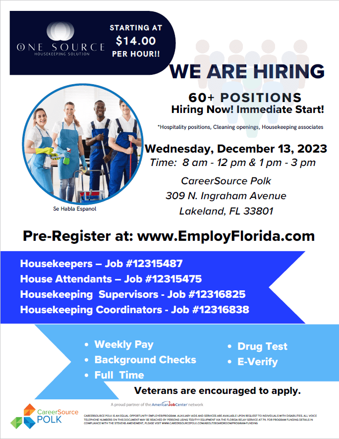 Hiring Event One Source Housekeeping Solution (Lakeland Afternoon