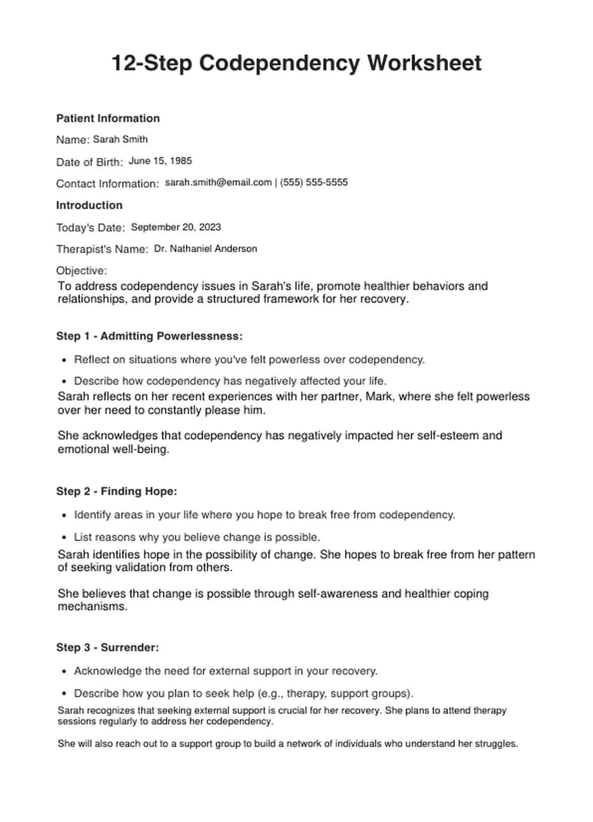 12 Step Codependency Worksheets & Example Free PDF Download