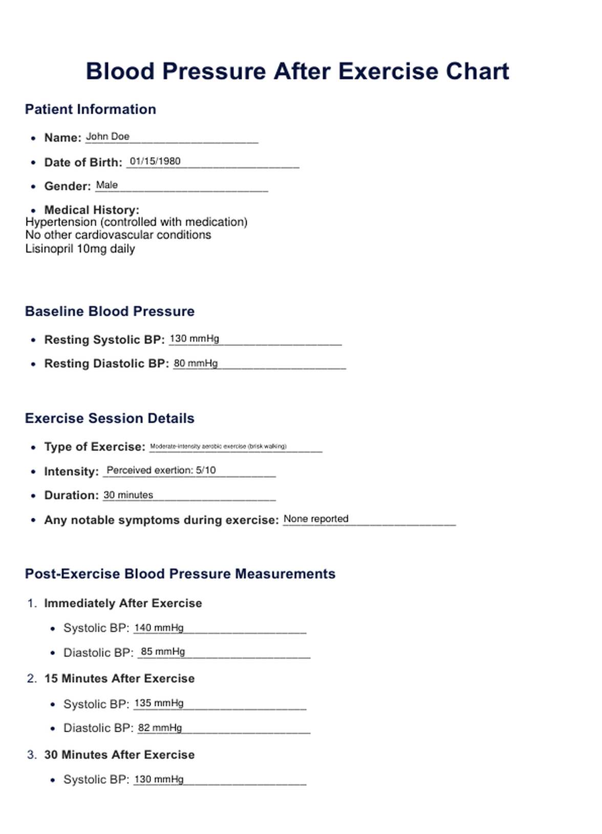 Blood Pressure After Exercise Chart & Example Free PDF Download