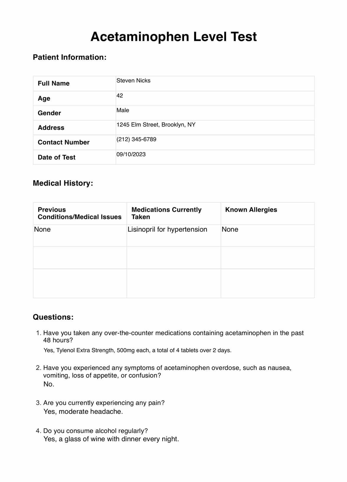 Acetaminophen Level Test & Example Free PDF Download