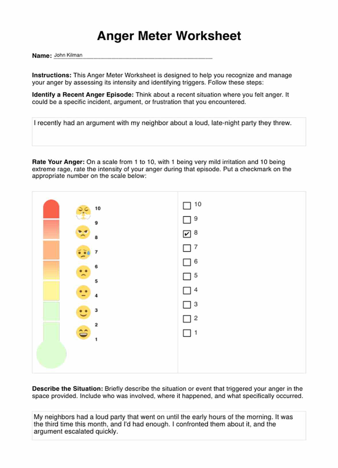 Anger Meter Worksheet & Example Free PDF Download