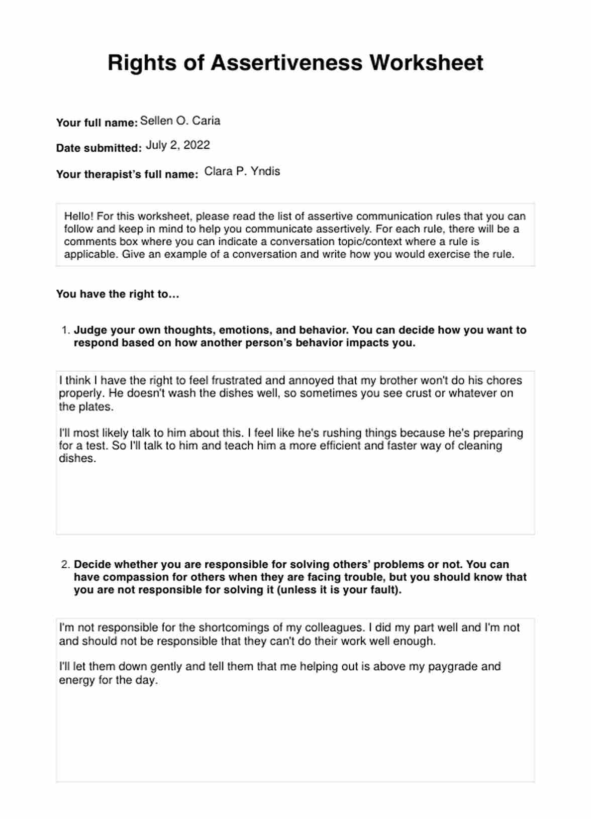 Rights of Assertiveness Assertive Communication Worksheet & Example