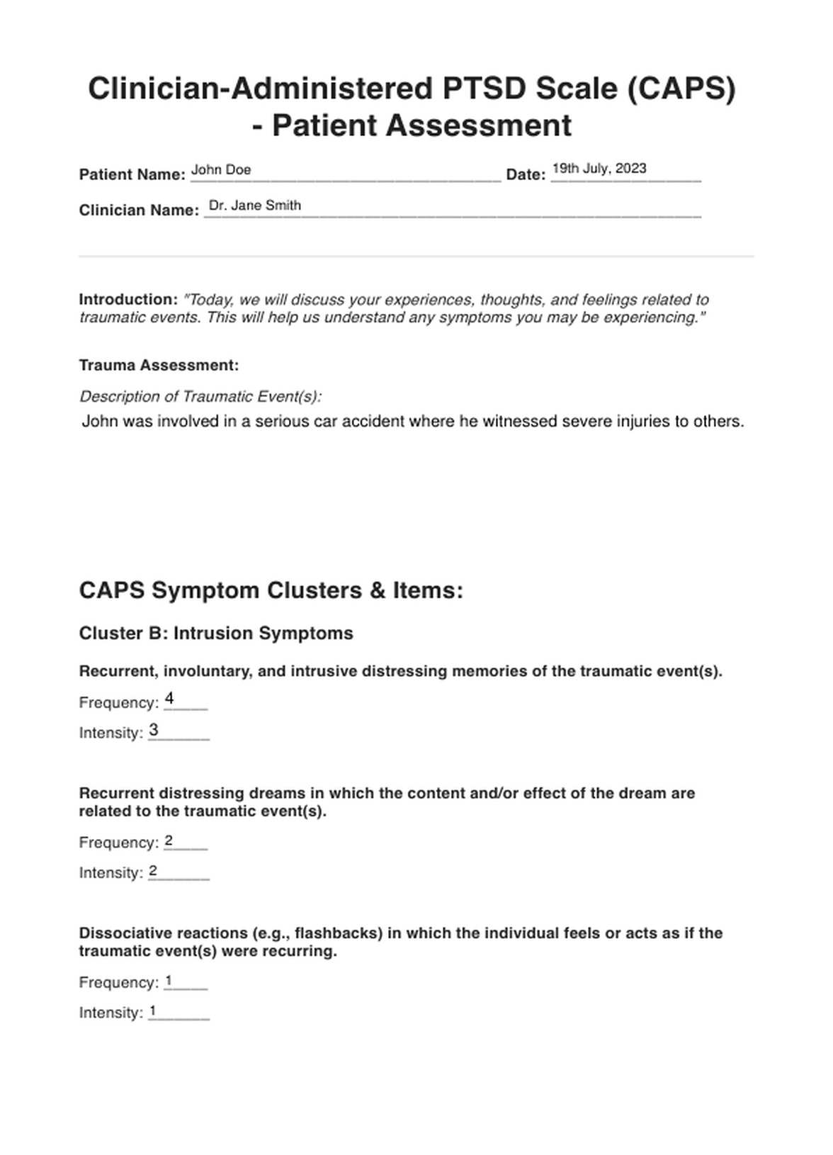 ClinicianAdministered PTSD Scale (CAPS5) & Example Free PDF Download