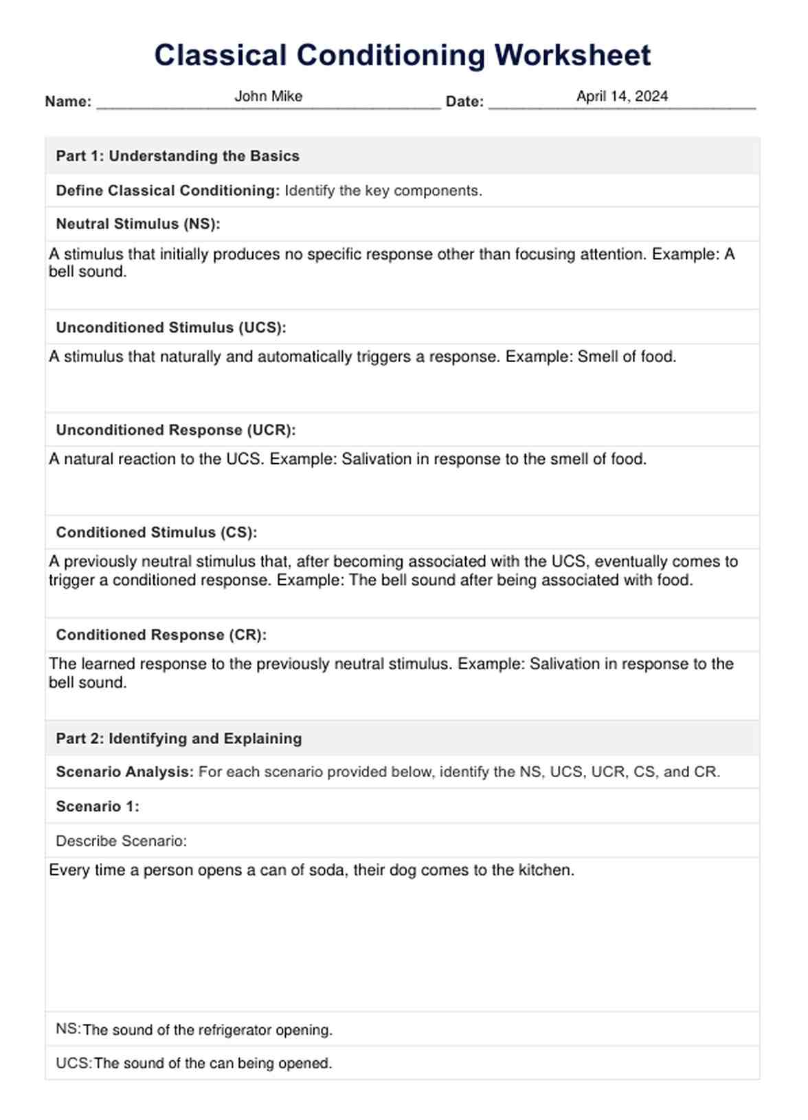 Classical Conditioning Worksheet & Example | Free PDF Download