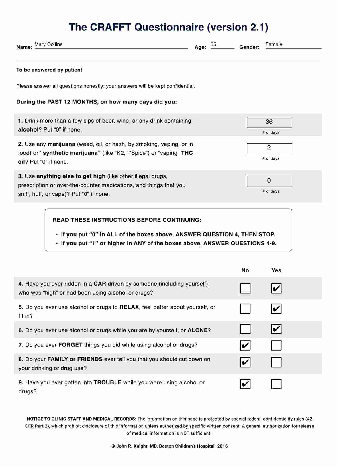 CRAFFT Questionnaire & Example Free PDF Download