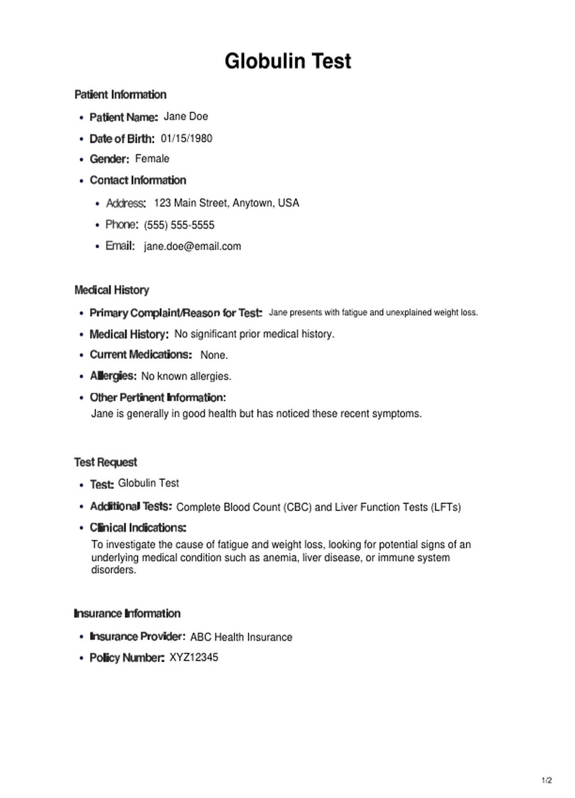 Globulin Test & Example Free PDF Download