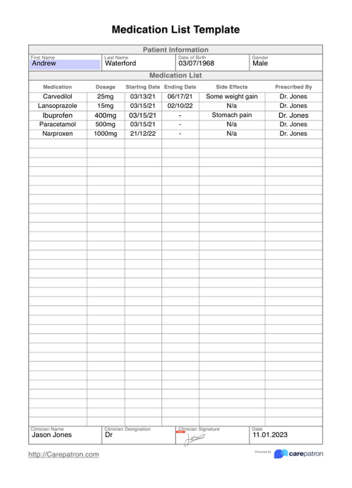 Medication List Template & Example Free PDF Download