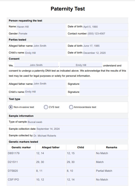 Paternity Test & Example Free PDF Download