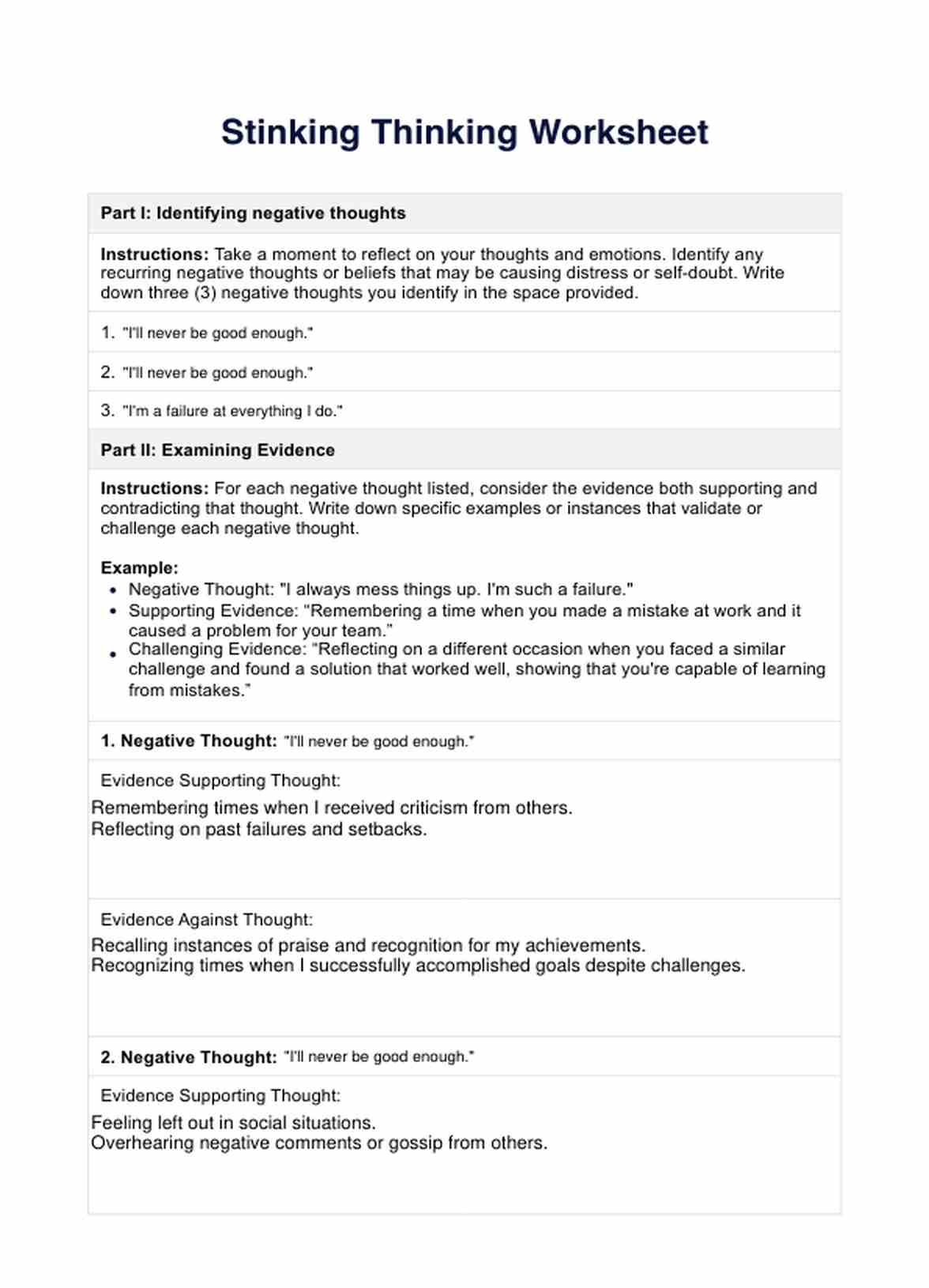 Stinking Thinking Worksheet & Example Free PDF Download