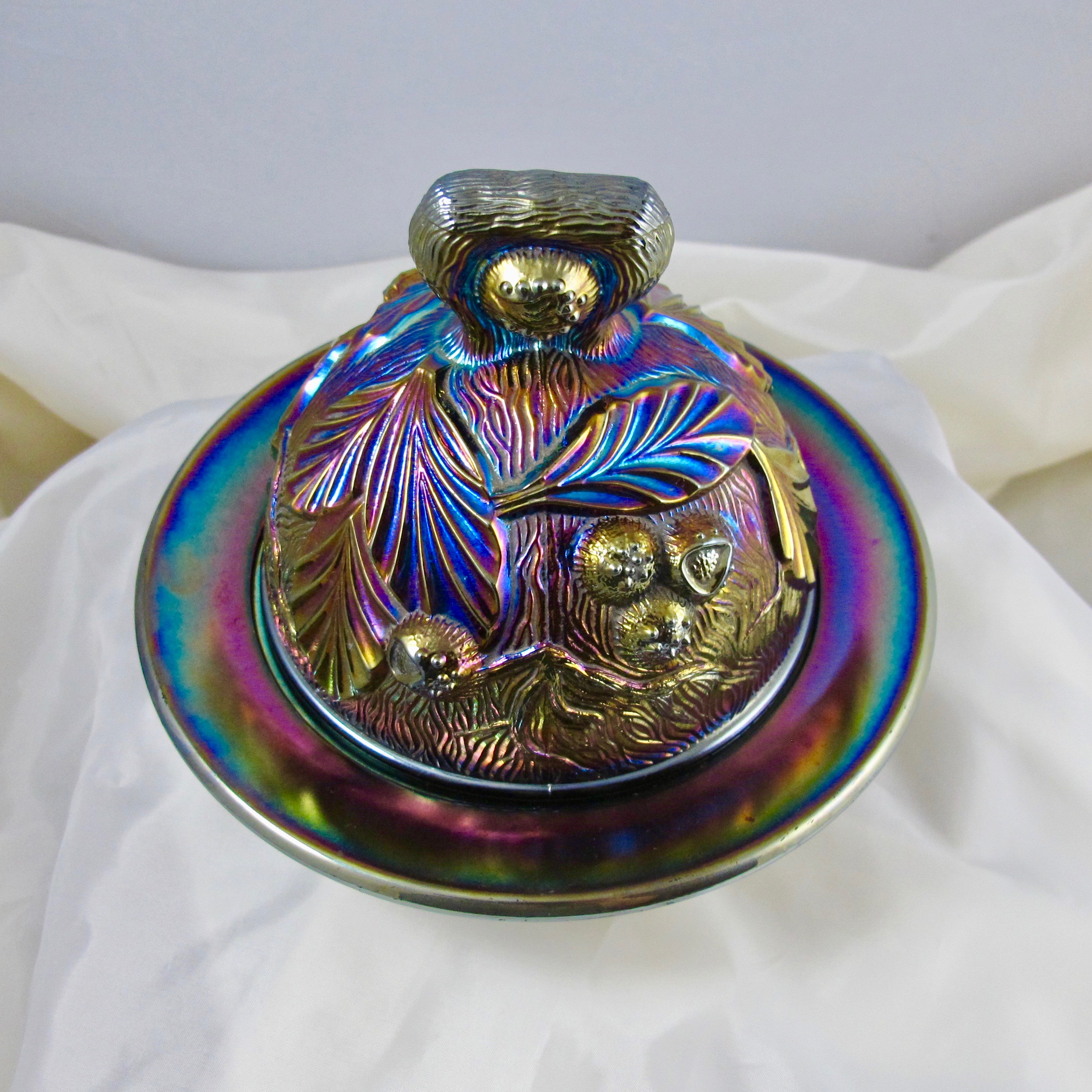 Antique Northwood Amethyst Acorn Burrs Carnival Glass Butter Dish