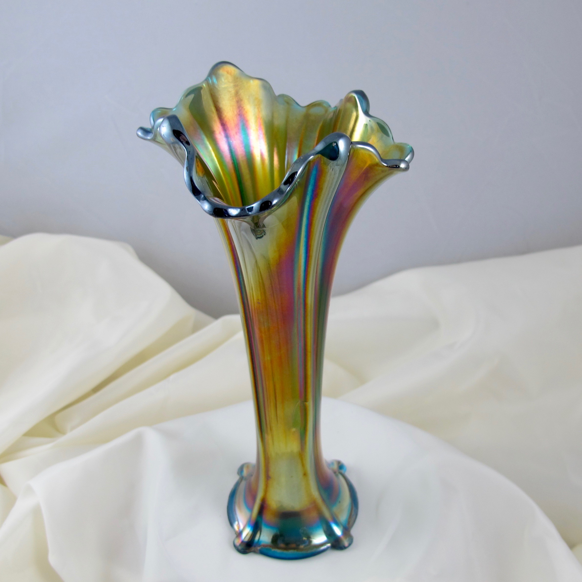 Antique Northwood Sapphire Blue Four Pillars Carnival Glass Vase Carnival Glass