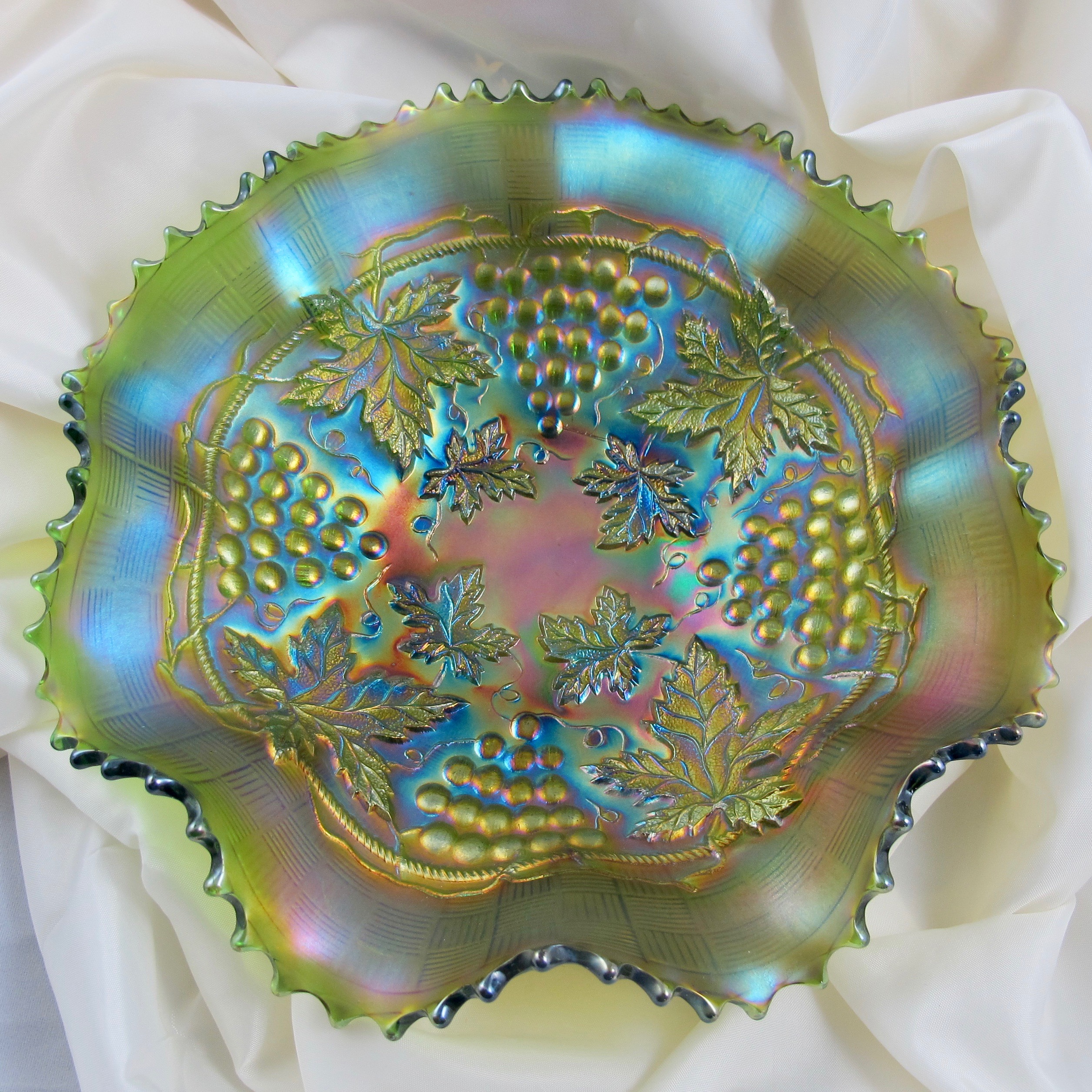 Antique Northwood Green Grape & Cable Carnival Glass Bowl Carnival Glass