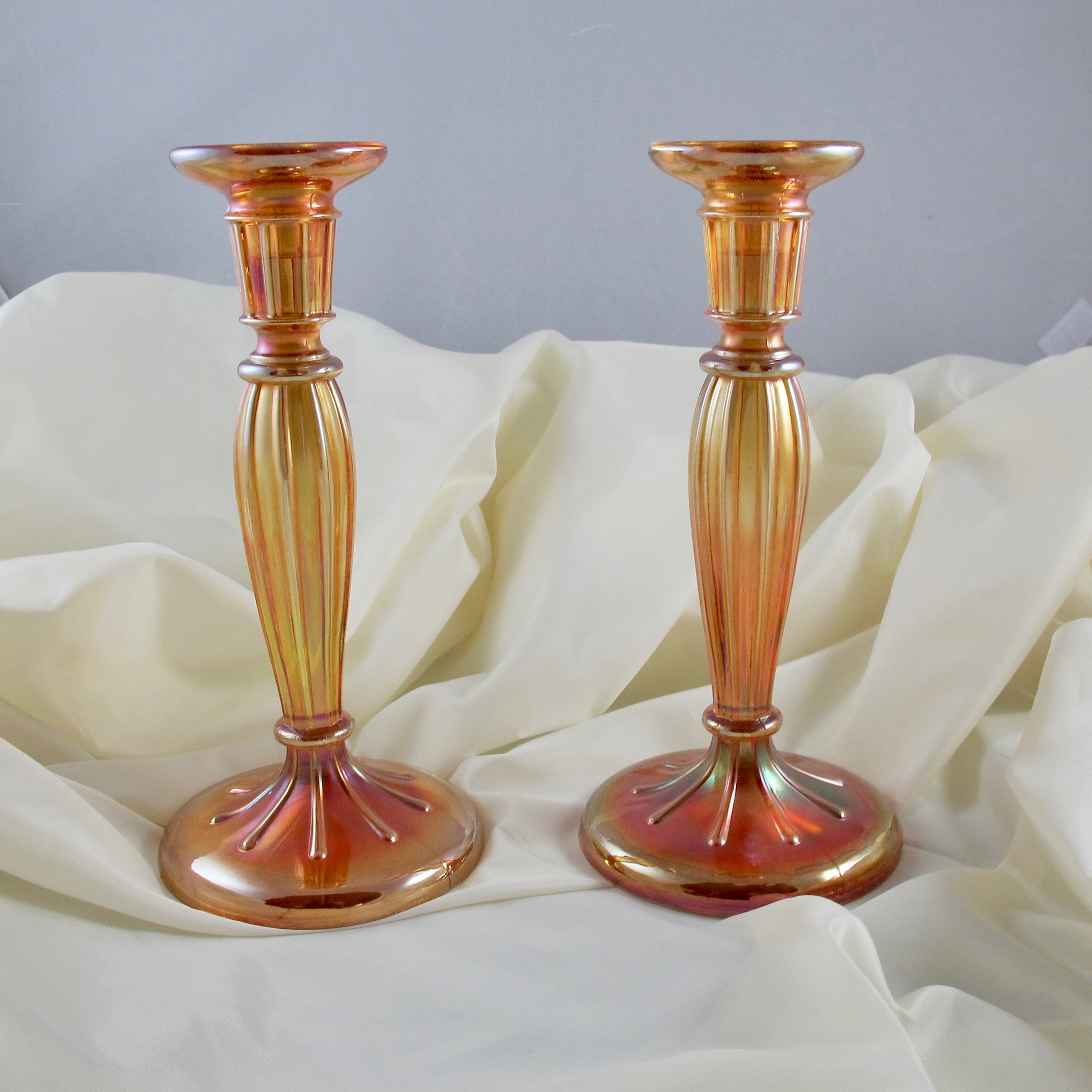 Fenton Grecian Gold 232 Carnival Glass Stretch Candleholders Carnival
