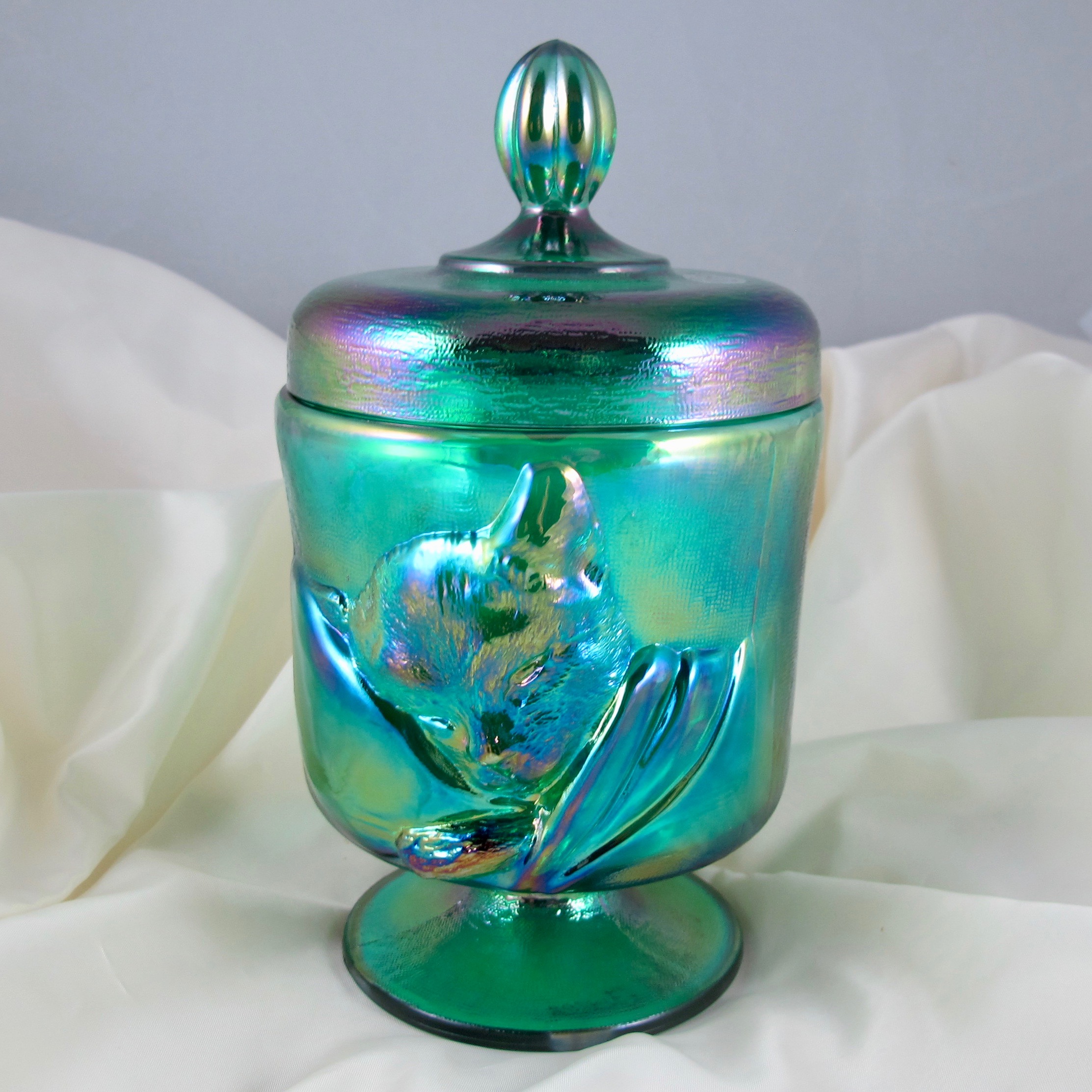 Fenton Emerald Green Chessie Cat Carnival Glass Candy Jar Box