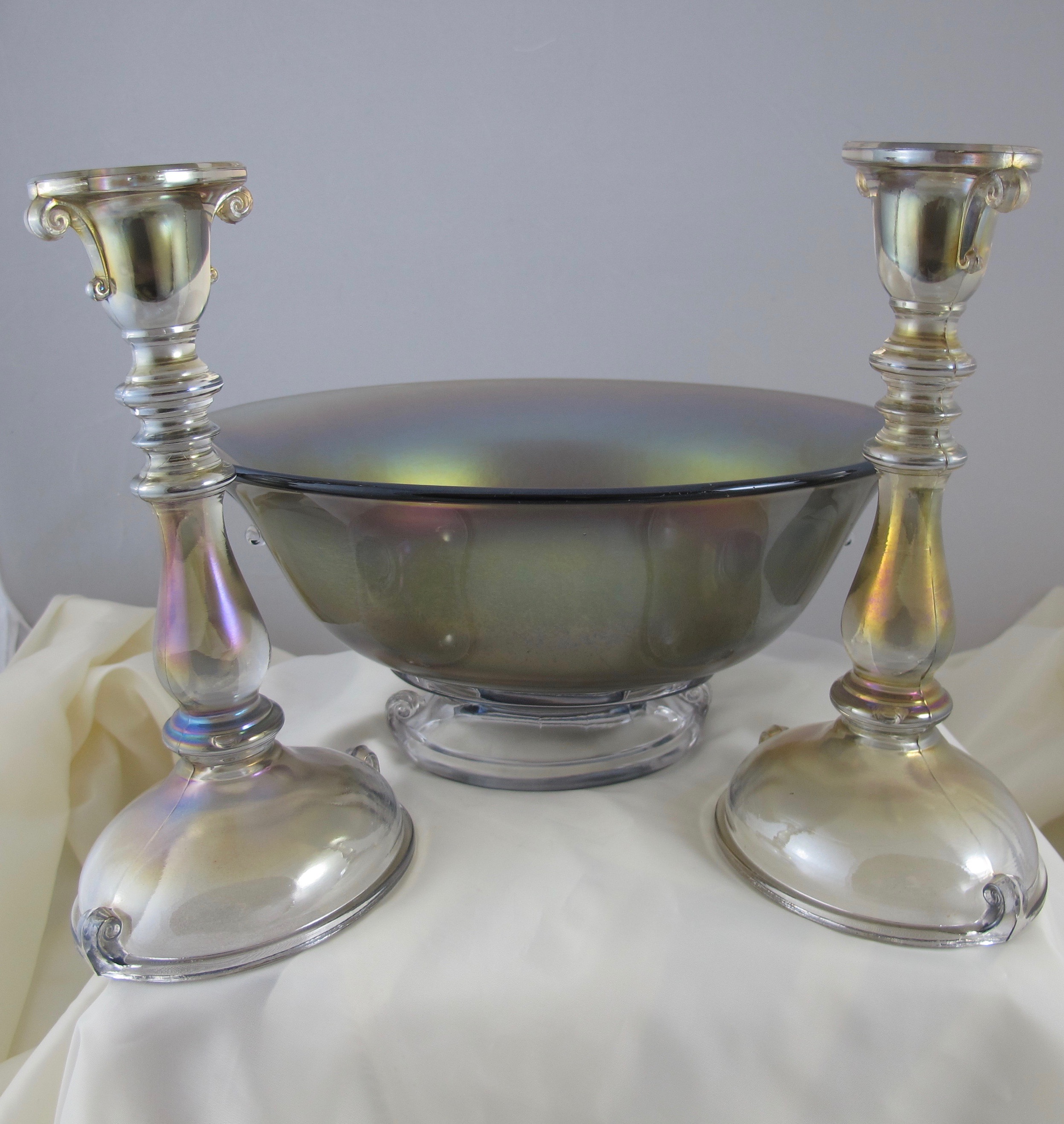 Antique Imperial Double Scroll Smoke Stretch Carnival Glass Console Set