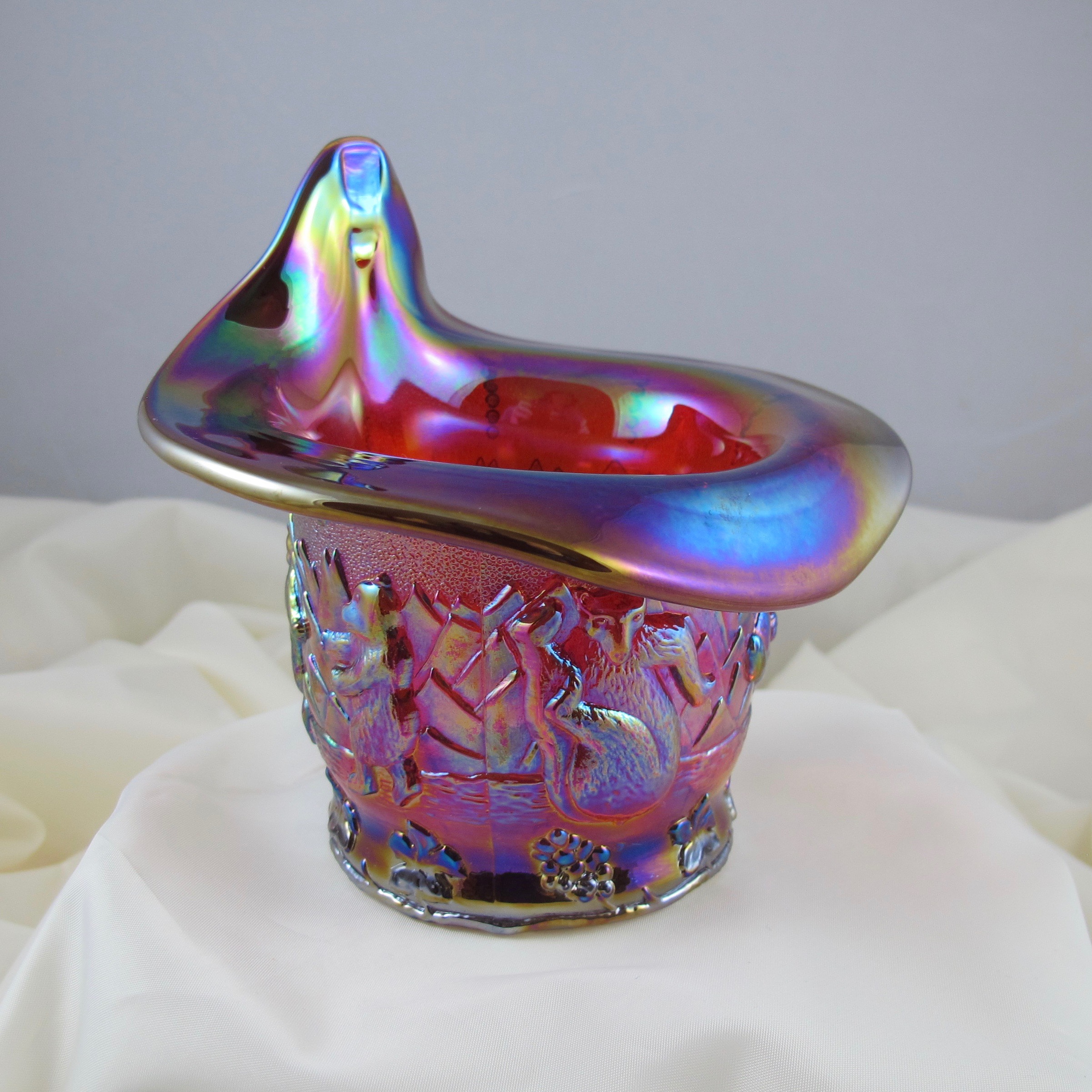 Fenton Red Frolicking Bears Carnival Glass JIP Vase huge mouth