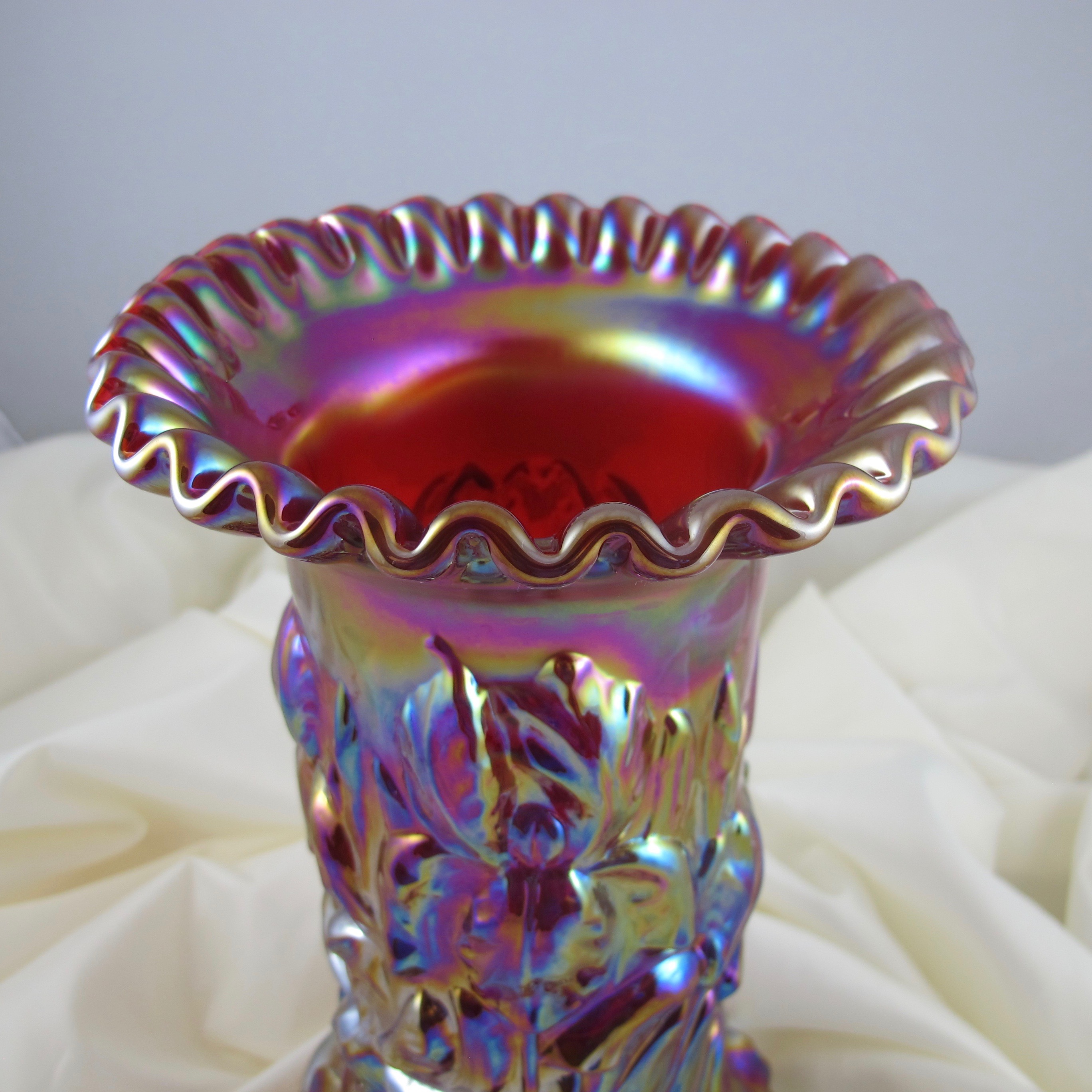 Fenton for Singleton Bailey Red Heavy Iris Carnival Glass Vase