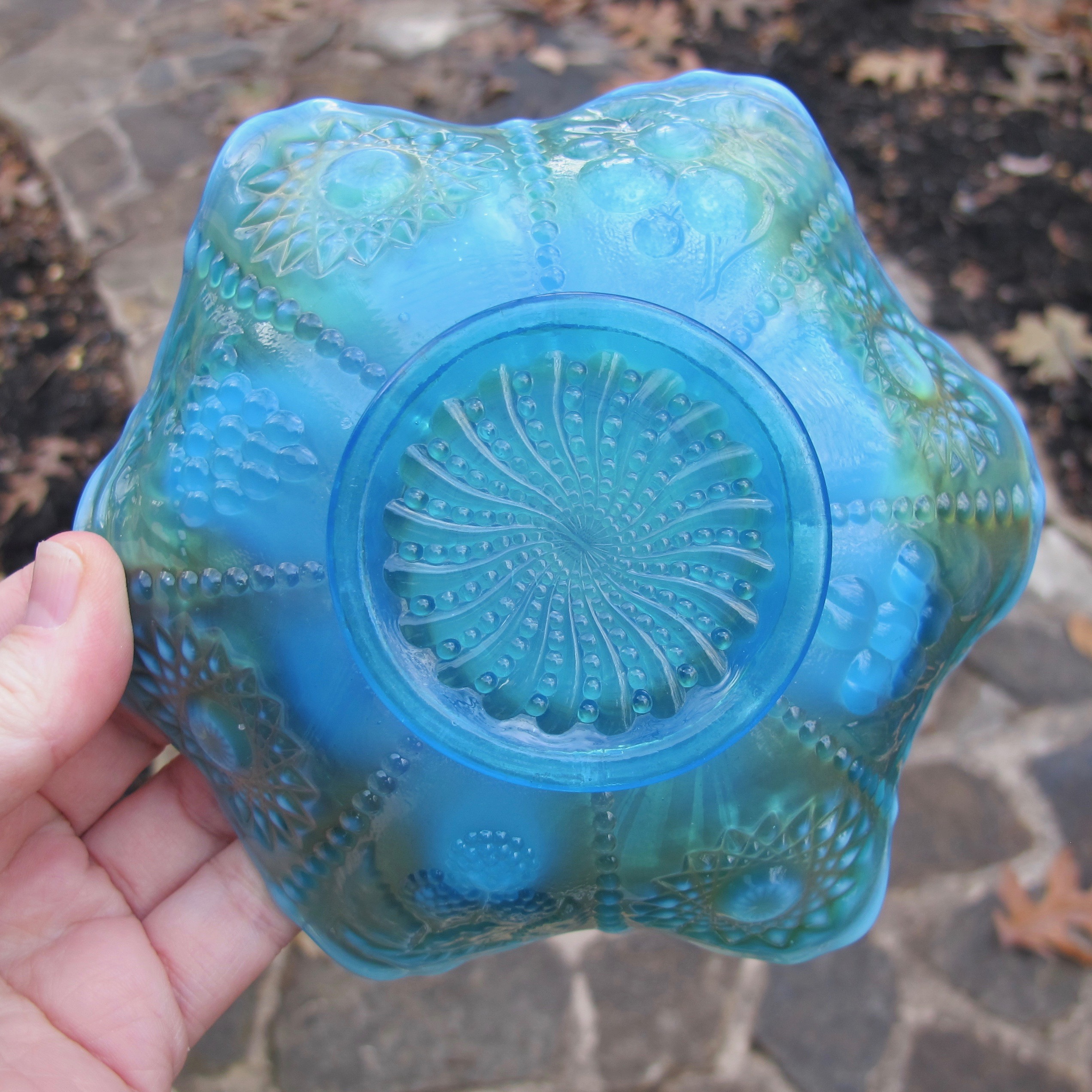 Antique Westmoreland Blue Opal Hobstar & Fruit Carnival Glass Bowl