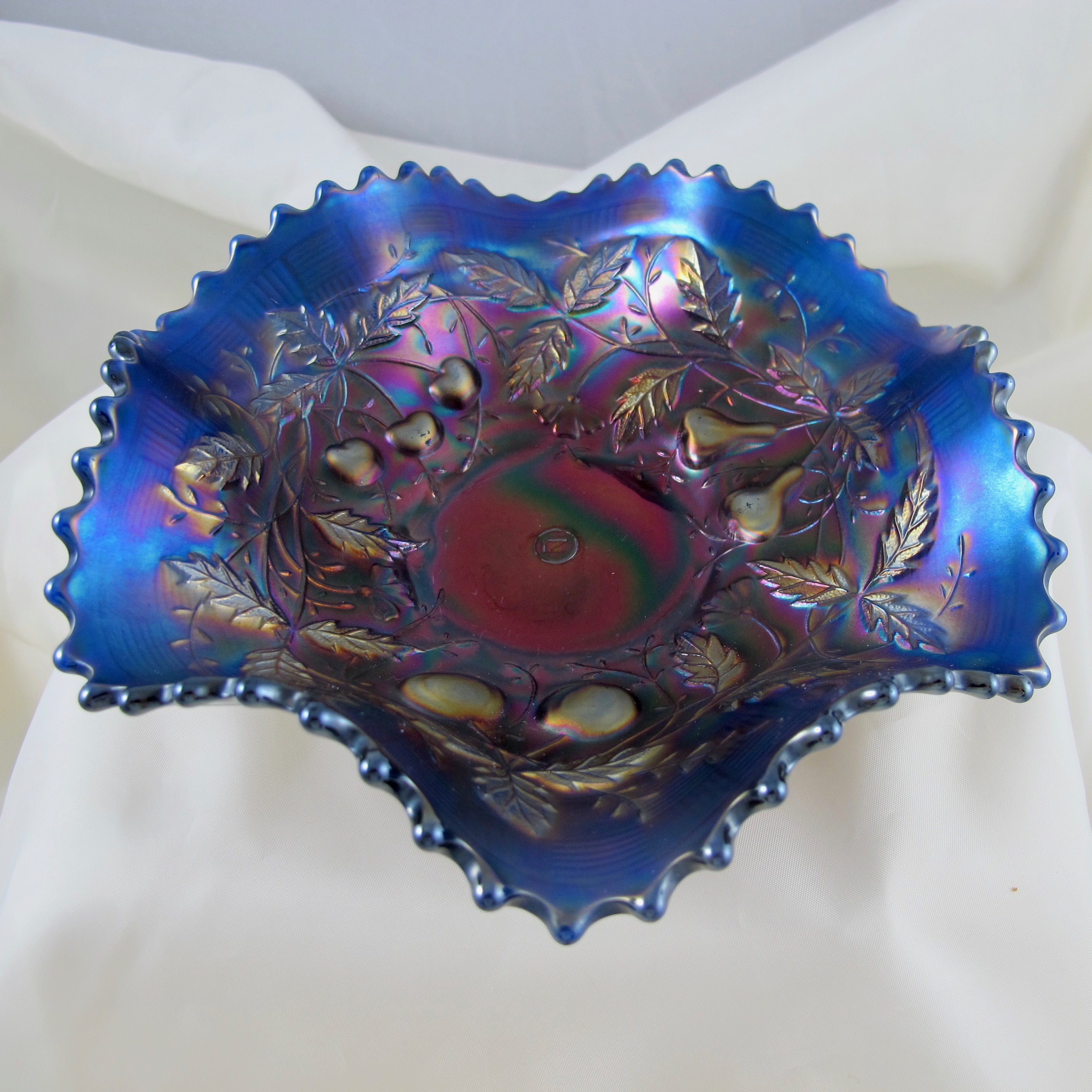 Antique Northwood Fruits & Flowers Electric Blue Carnival Glass Bowl Carnival Glass