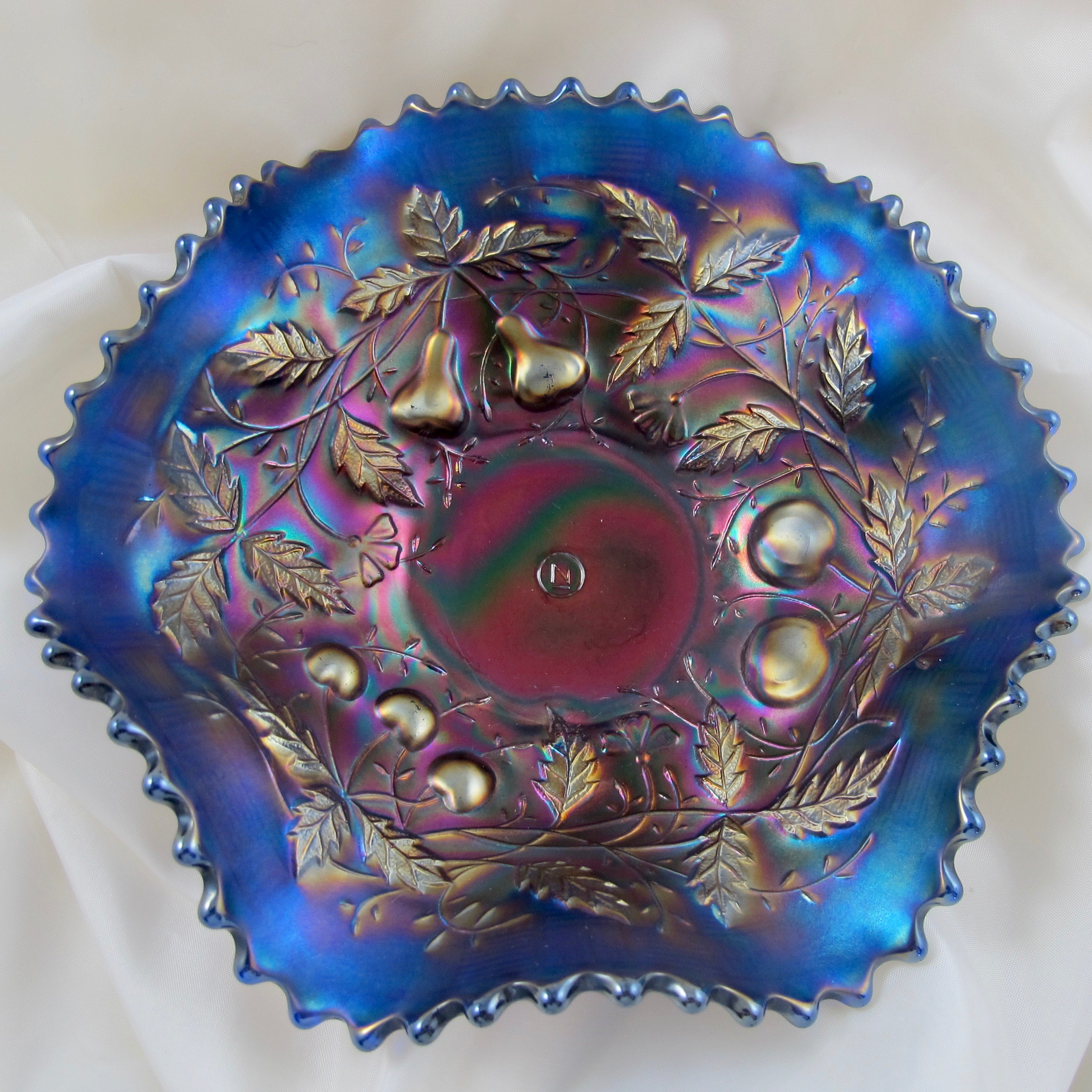 Antique Northwood Fruits & Flowers Electric Blue Carnival Glass Bowl