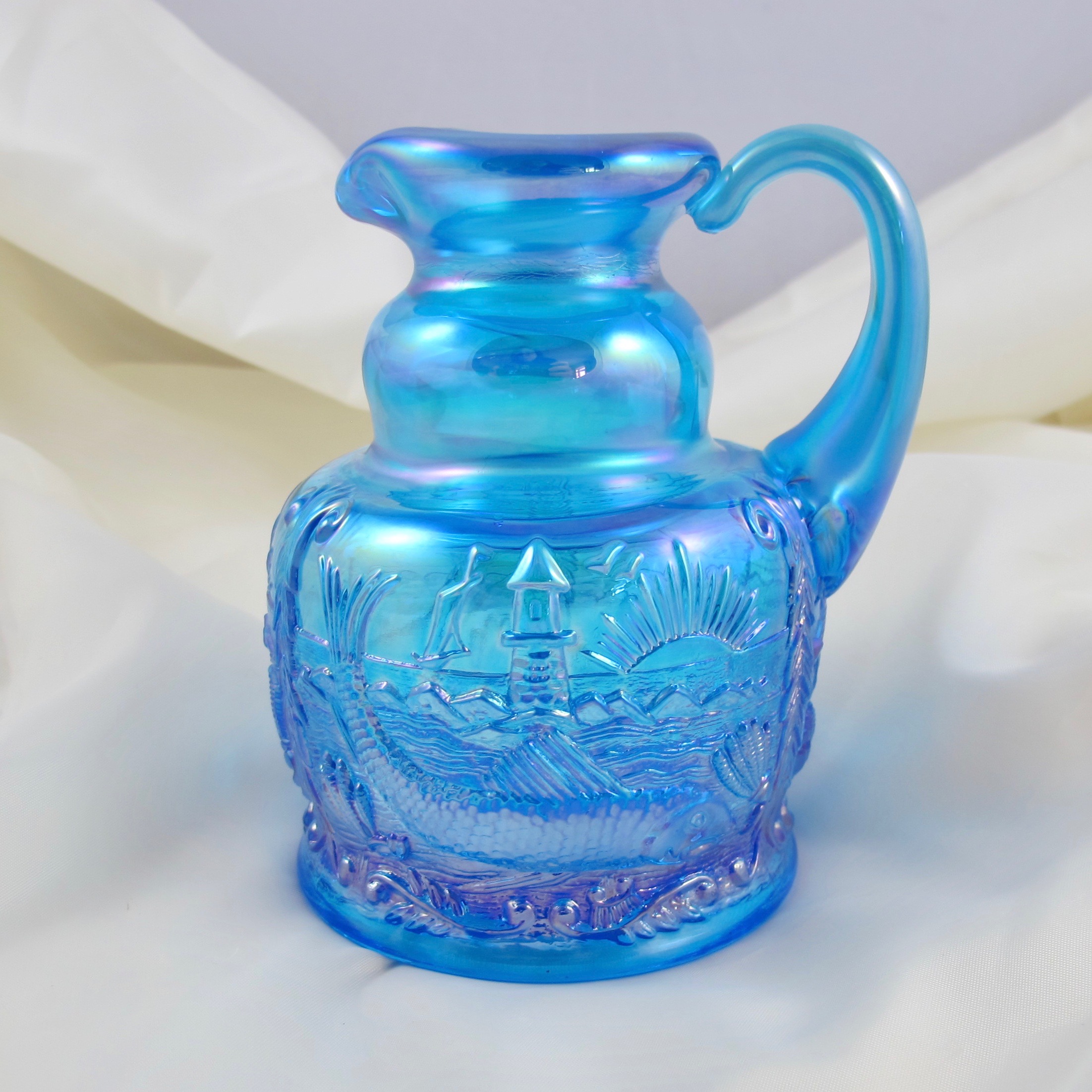 Fenton Sapphire Blue Seacoast Carnival Glass Whimsey Pitcher Creamer