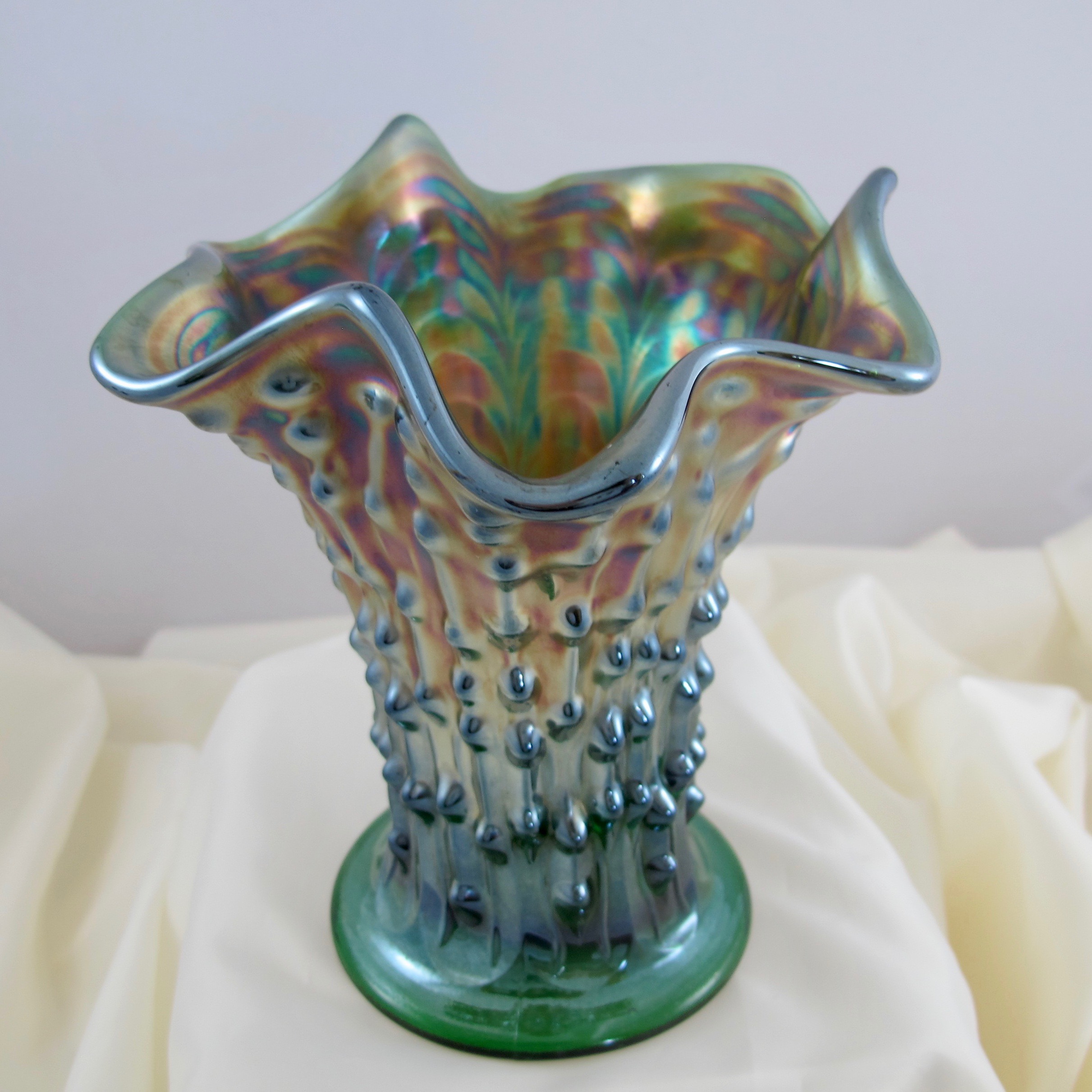 Antique Fenton Green April Showers Carnival Glass Squat Vase Carnival