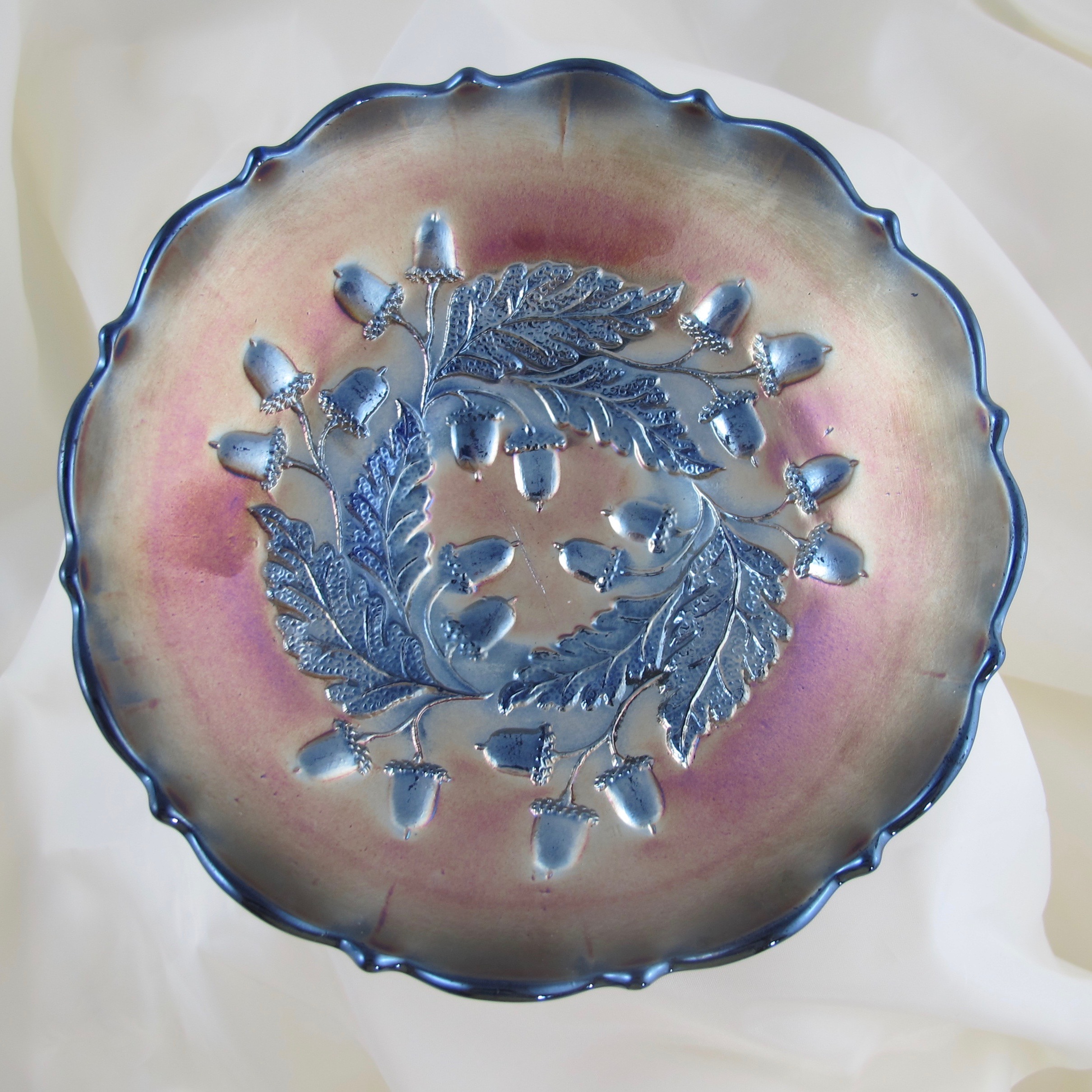 Antique Fenton Blue Acorn Carnival Glass Bowl *Signed by Scott Fenton