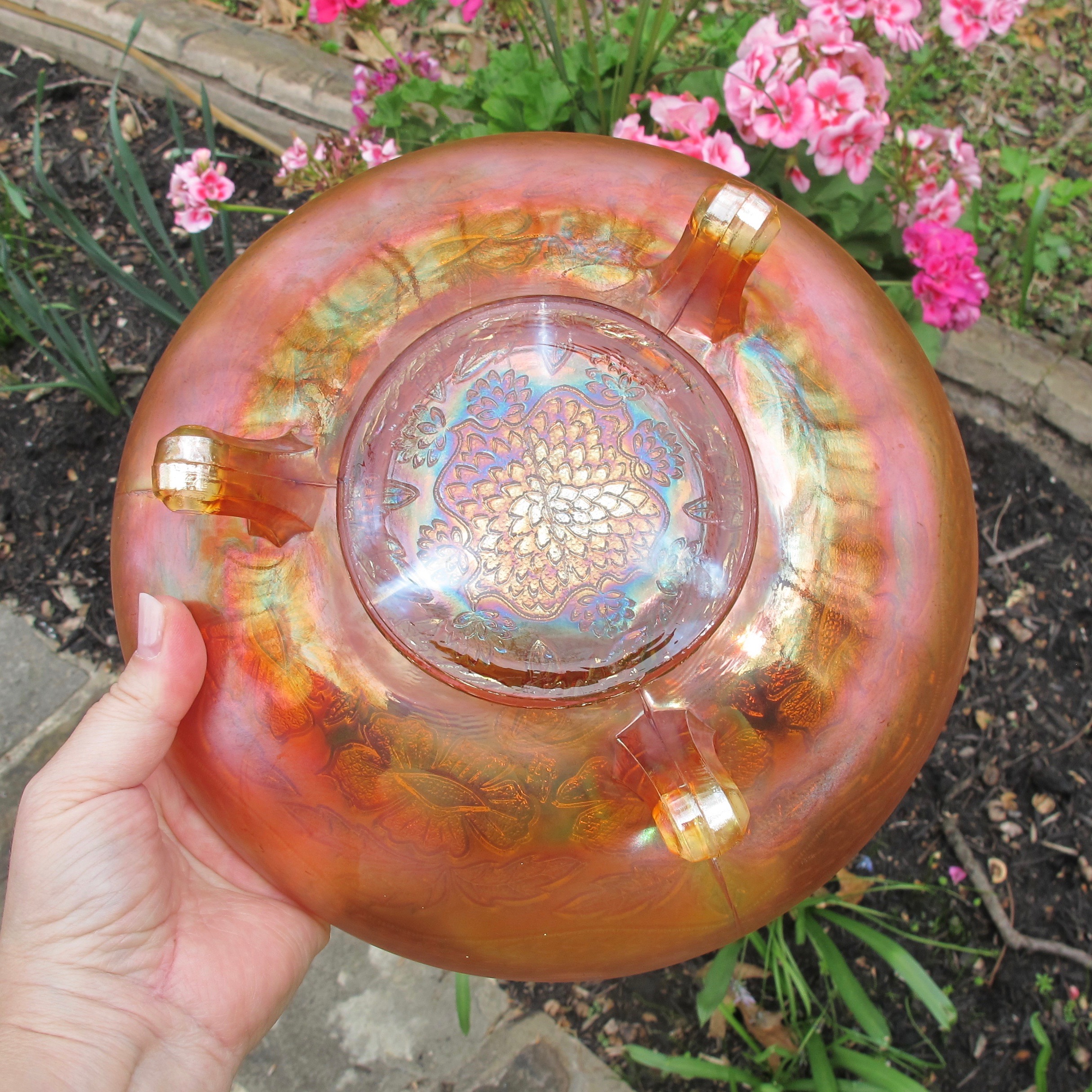 Antique Fenton Marigold Two Flowers Carnival Glass Large ICS Bowl