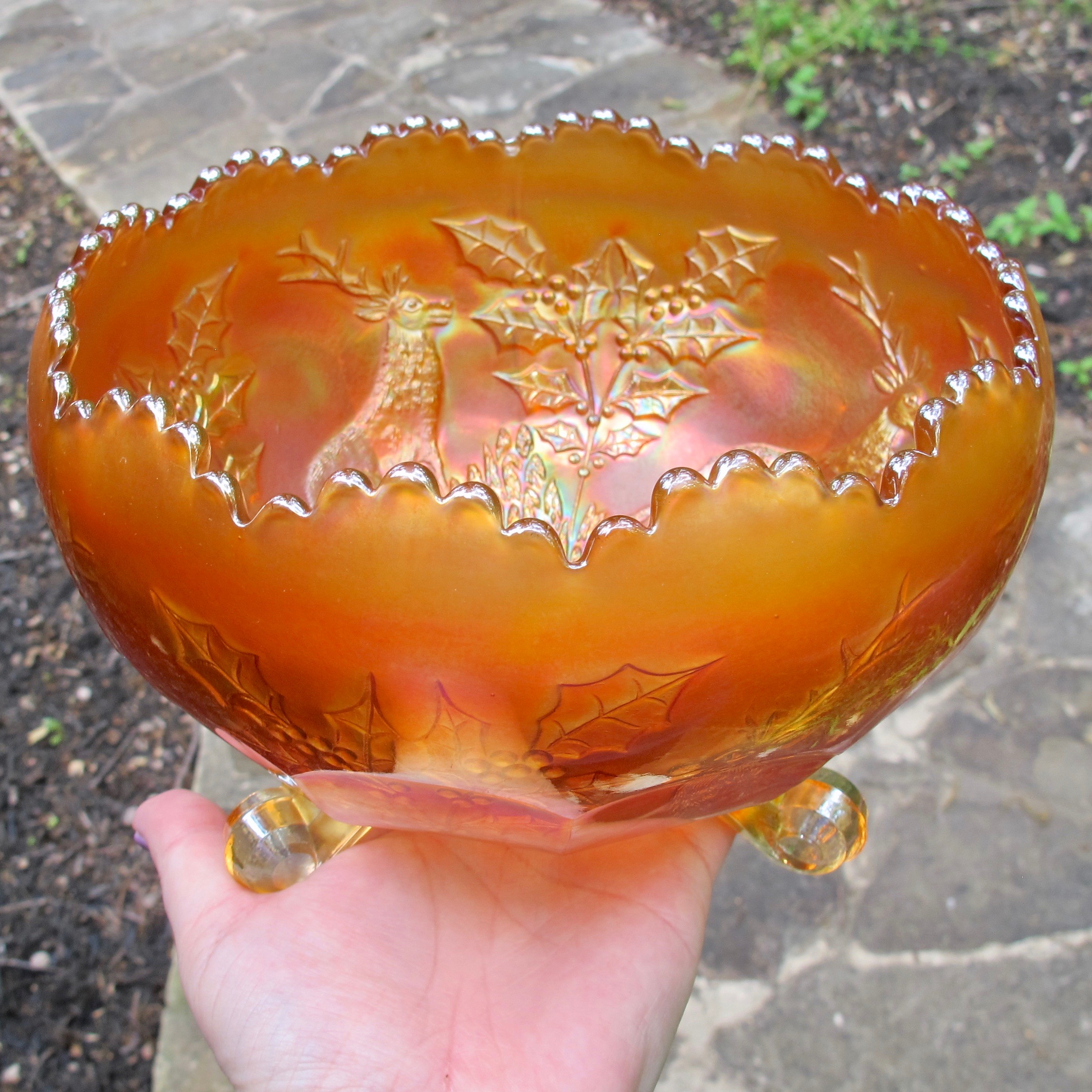 Antique Fenton Stag & Holly Pumpkin Marigold Carnival Glass Giant Rose