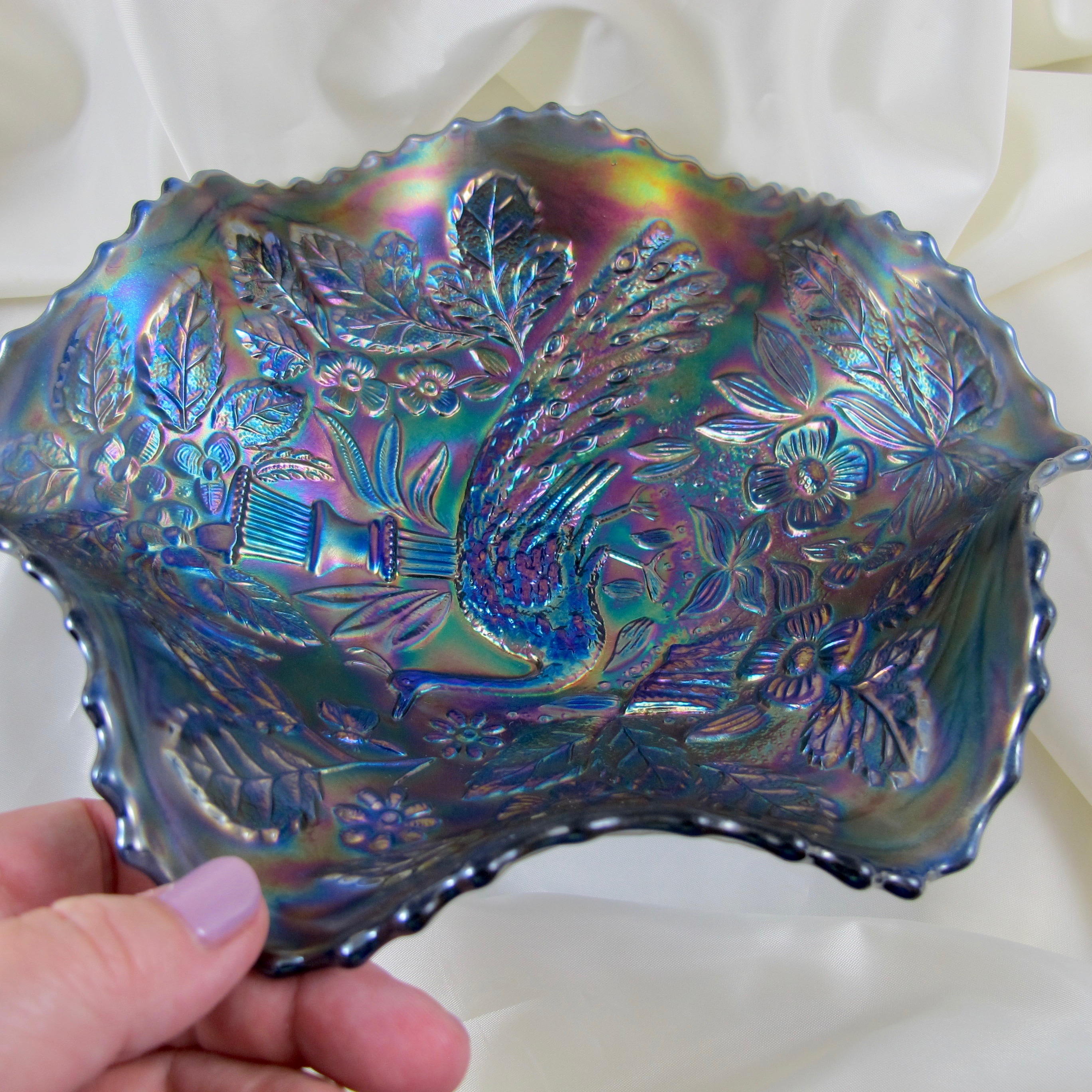 Antique Fenton Blue Peacock & Urn Carnival Glass Bowl Carnival Glass