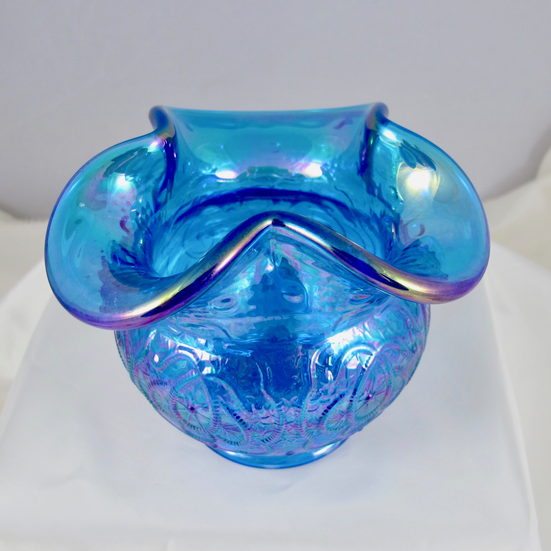 Fenton Sapphire Blue Persian Medallion Carnival Glass TriCorner Rose