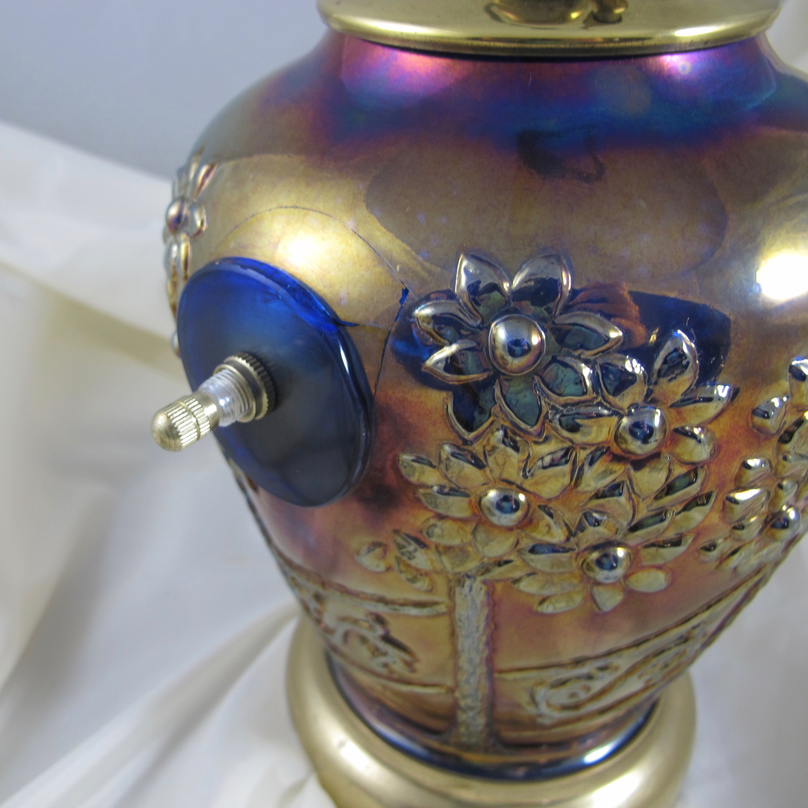 Antique Fenton Orange Tree Orchard Blue Carnival Glass Lamp Made from