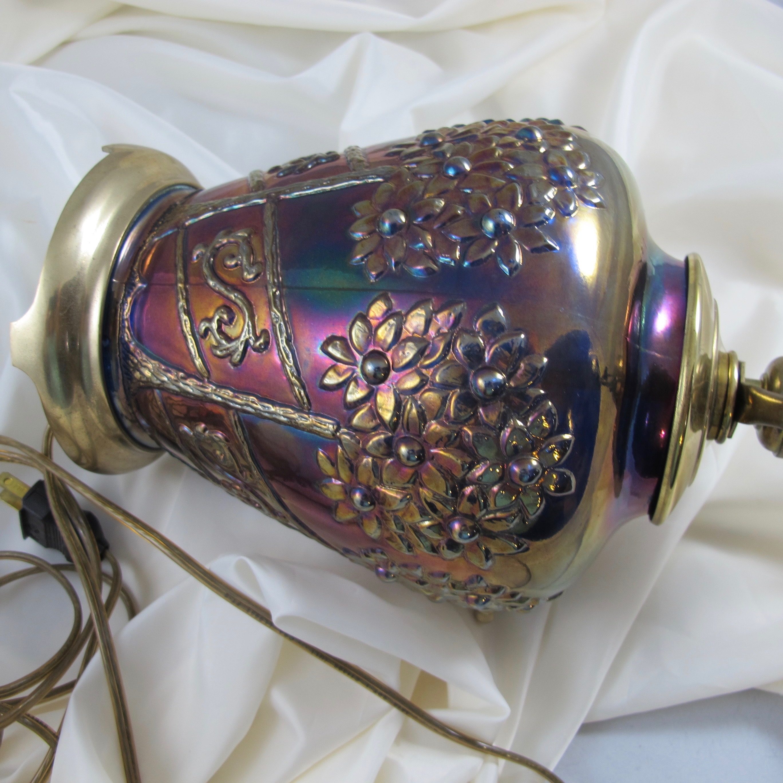 Antique Fenton Orange Tree Orchard Blue Carnival Glass Lamp Made from