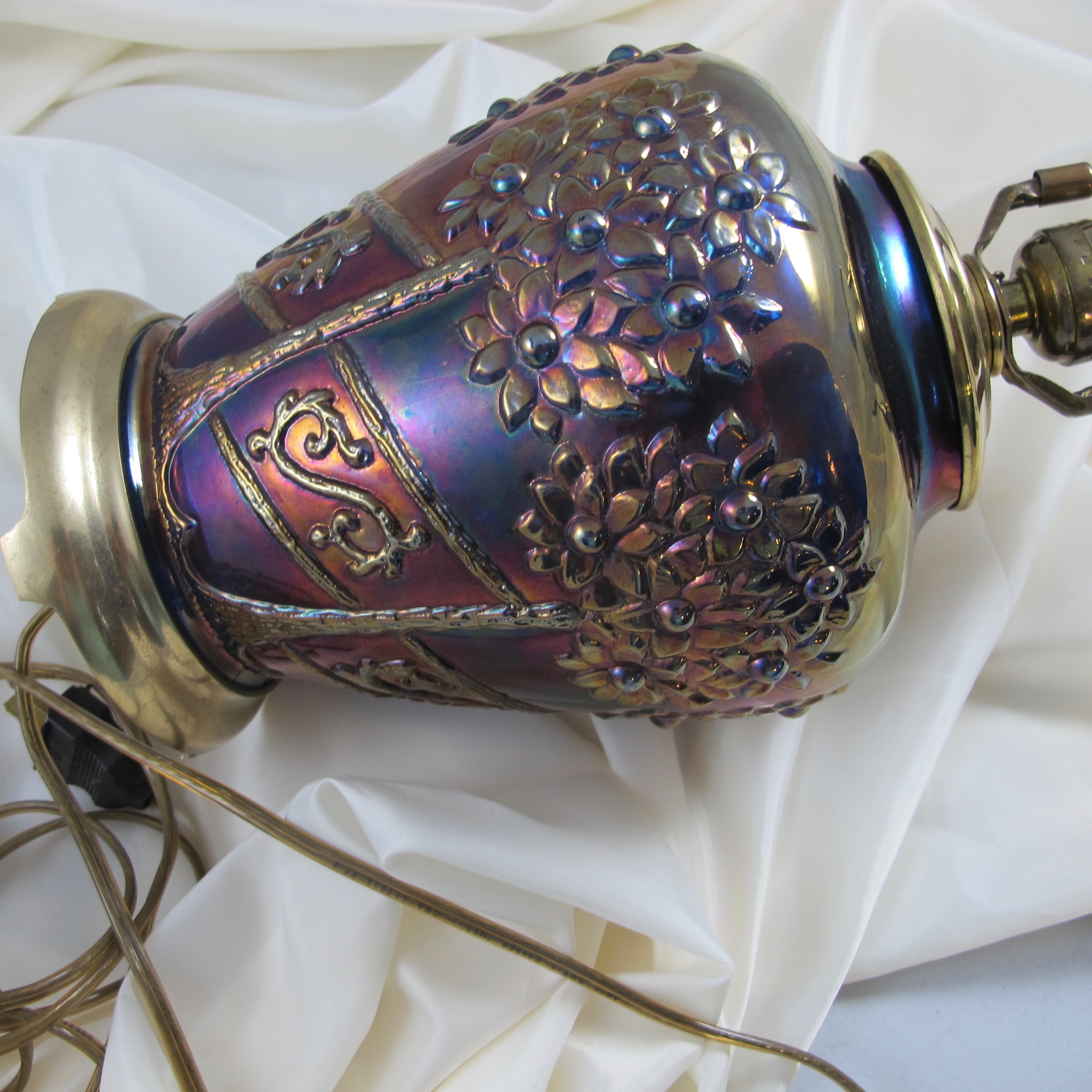 Antique Fenton Orange Tree Orchard Blue Carnival Glass Lamp Made from