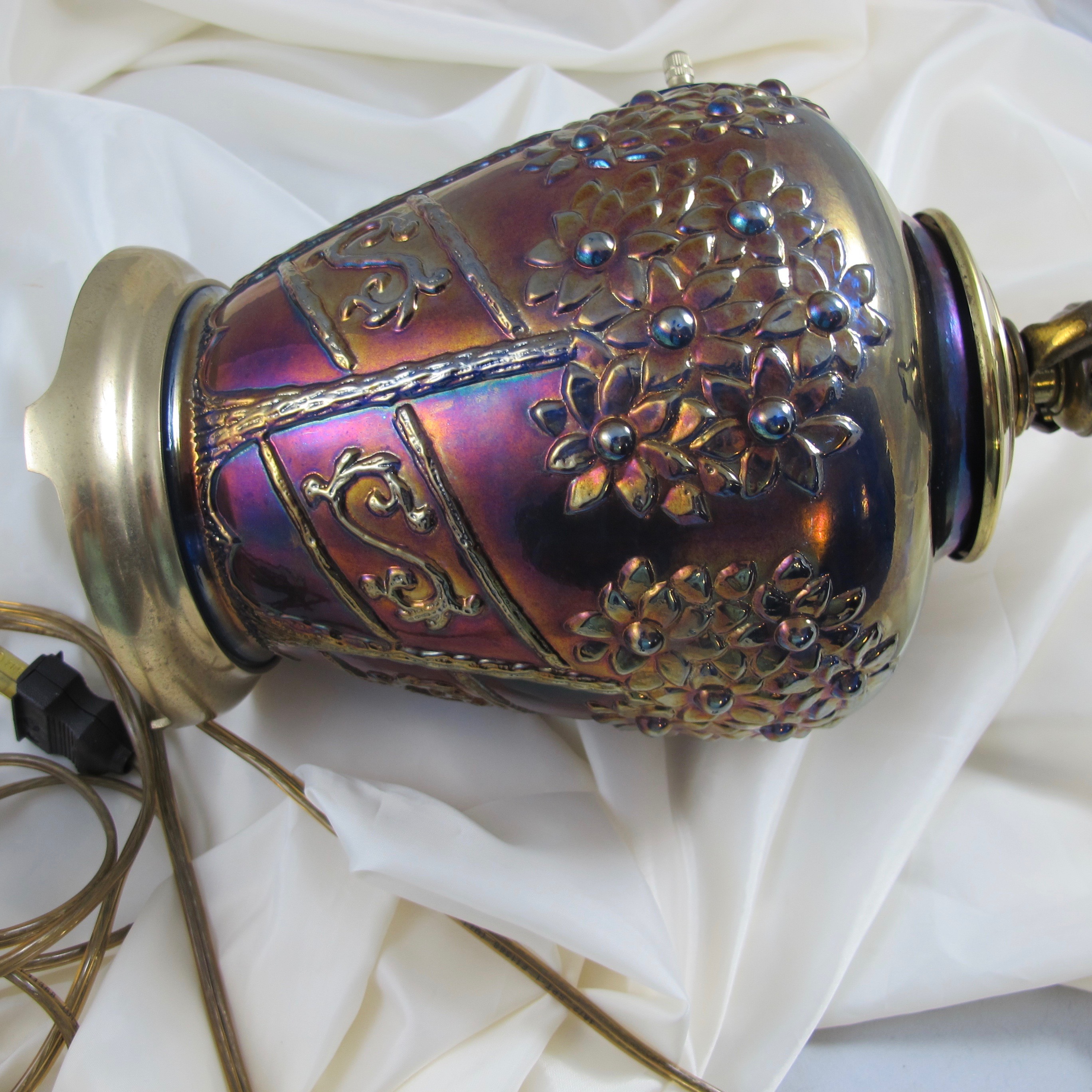 Antique Fenton Orange Tree Orchard Blue Carnival Glass Lamp Made from