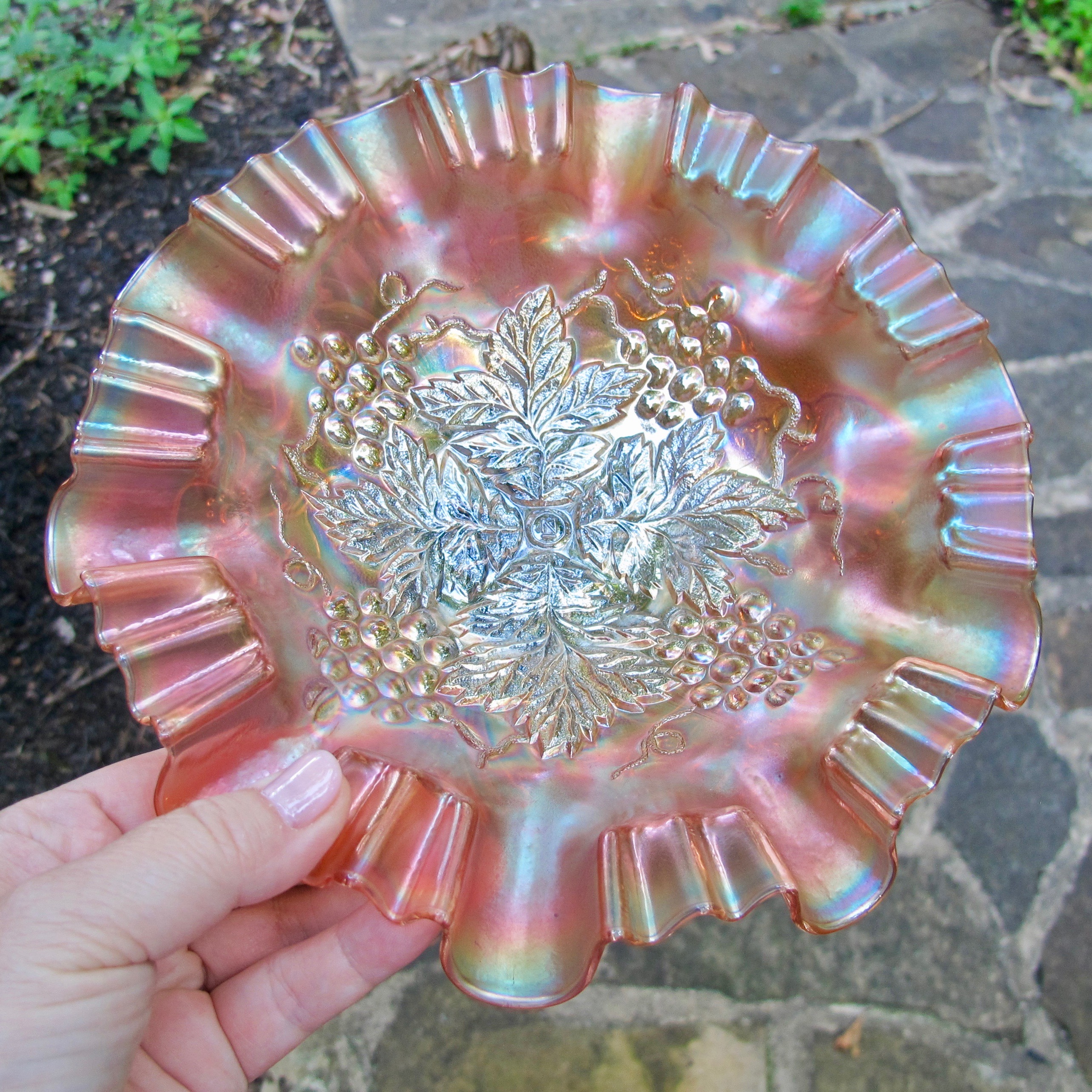 Antique Northwood Grape Leaves Marigold Carnival Glass 3N1 Bowl