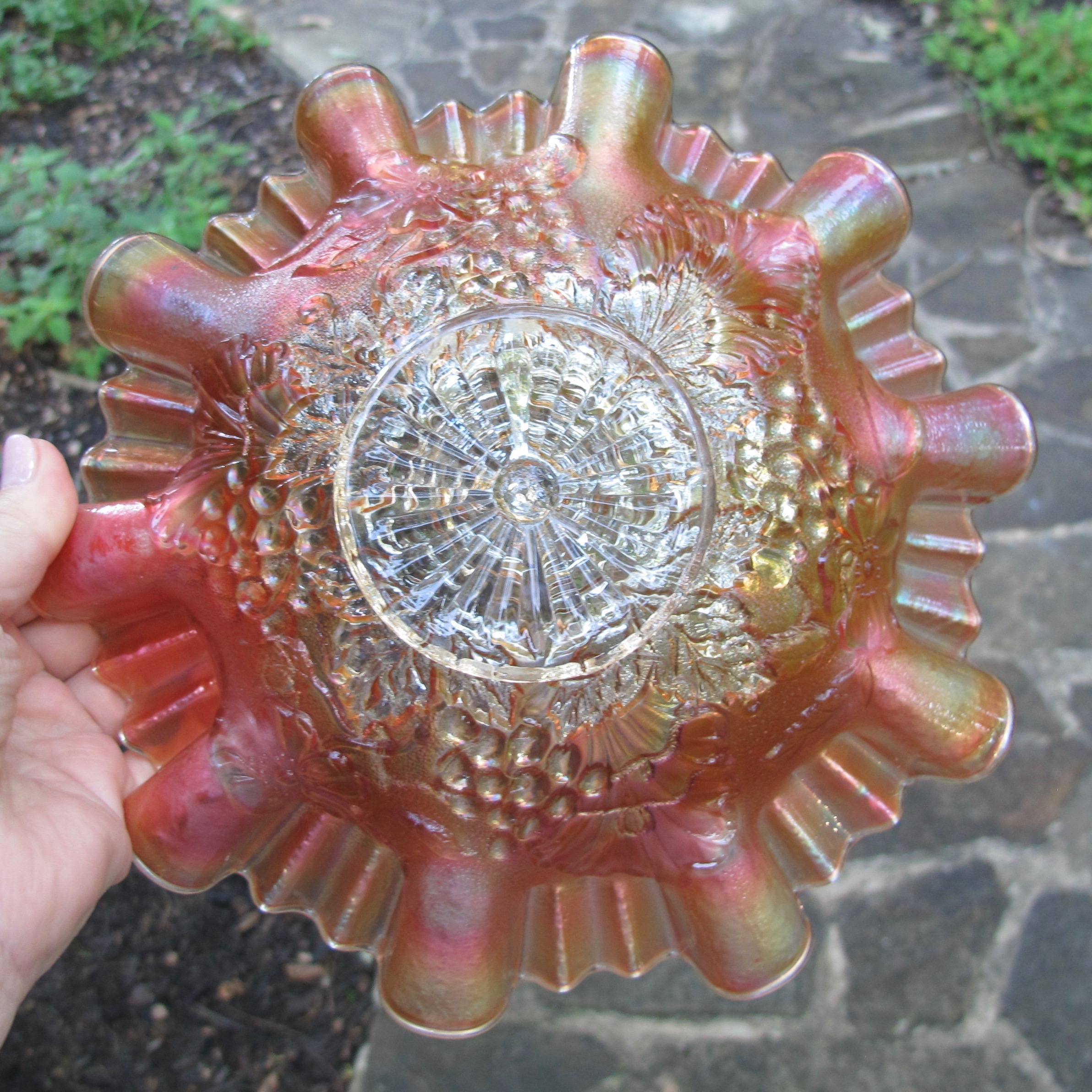 Antique Northwood Grape Leaves Marigold Carnival Glass 3N1 Bowl