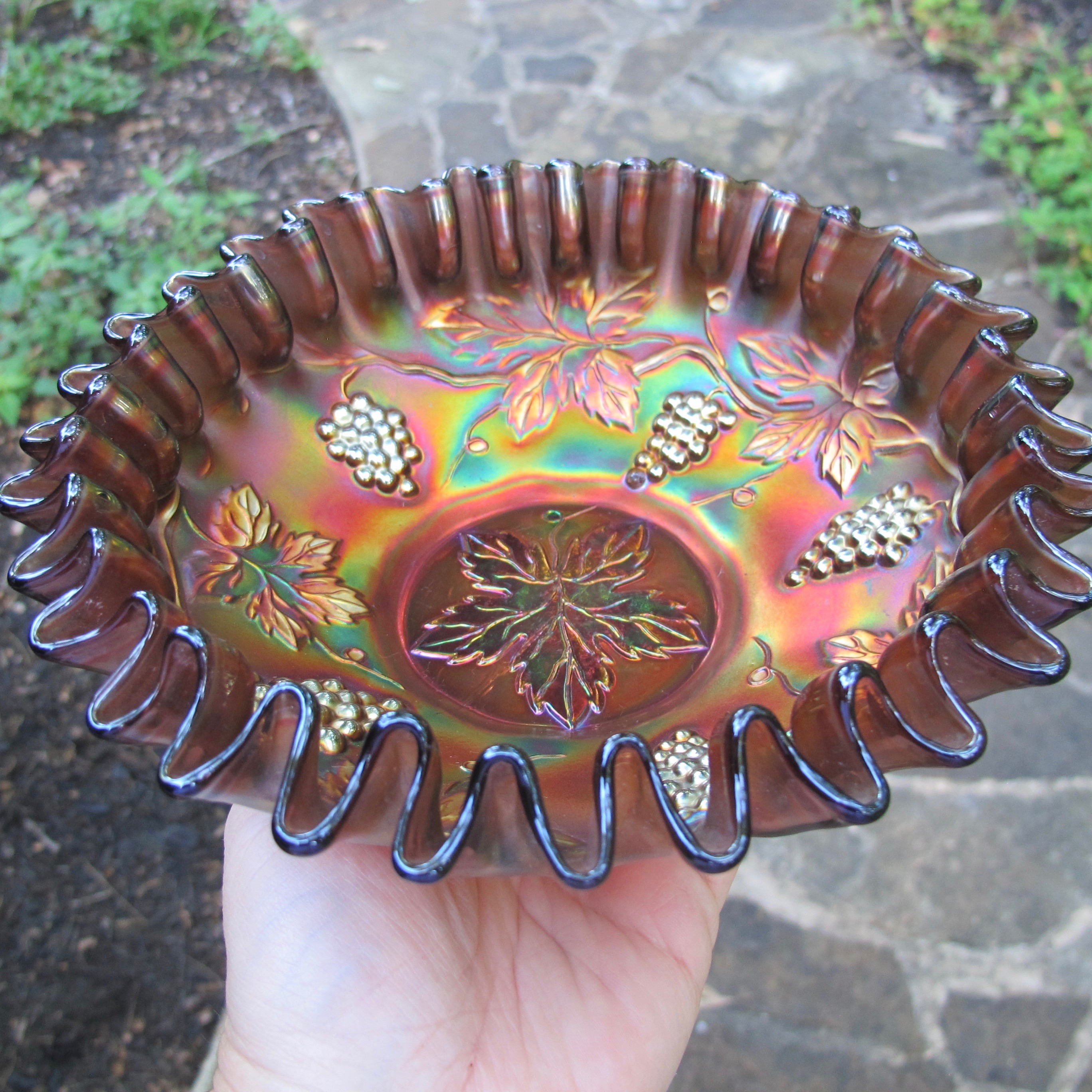 Antique Fenton Vintage Grape Amethyst Carnival Glass CRE Bowl