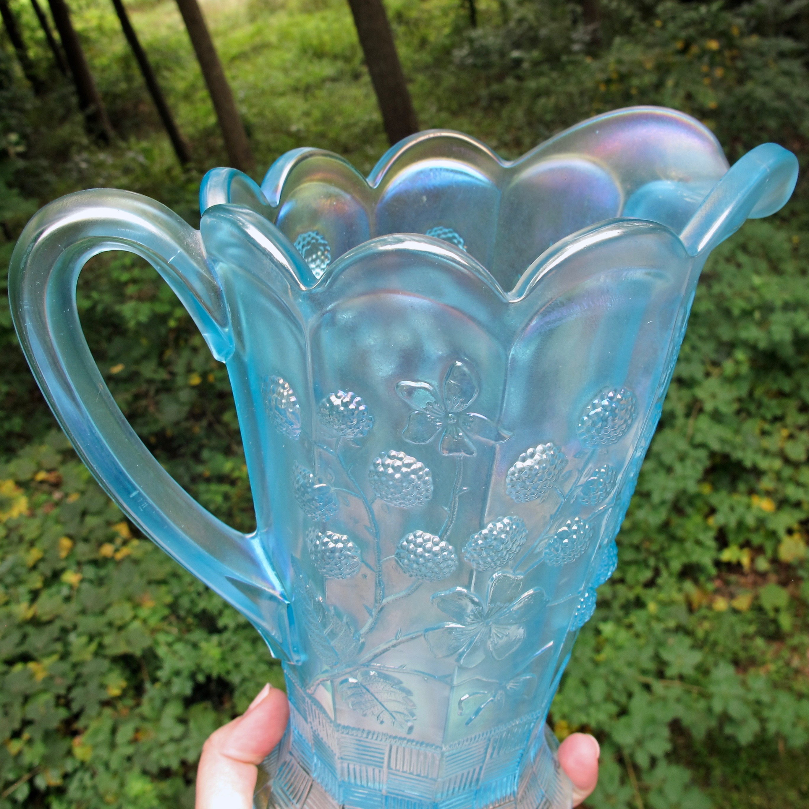 Antique Northwood Ice Blue Raspberry Carnival Glass Water Pitcher