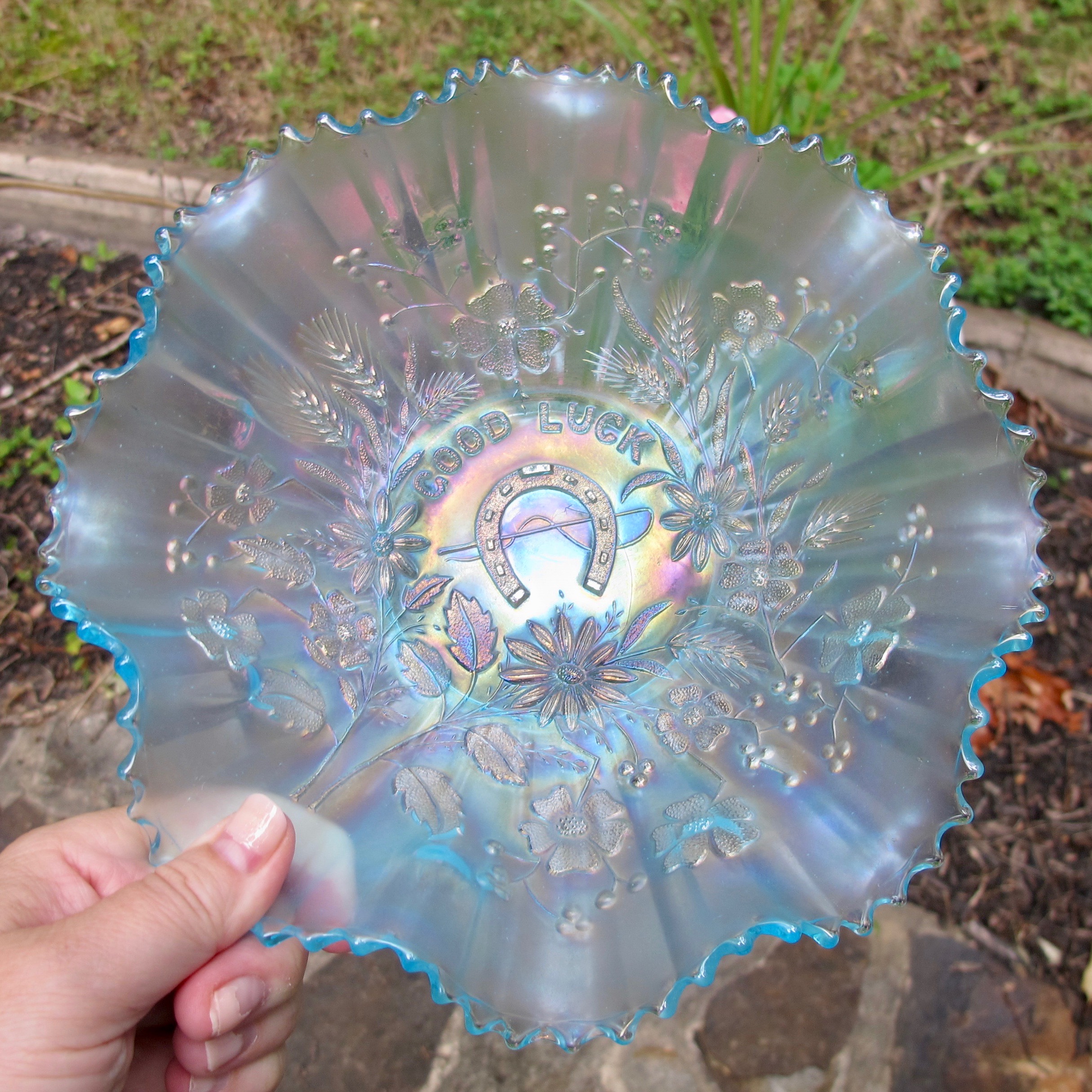 Antique Northwood Ice Blue Good Luck Carnival Glass Bowl Carnival Glass