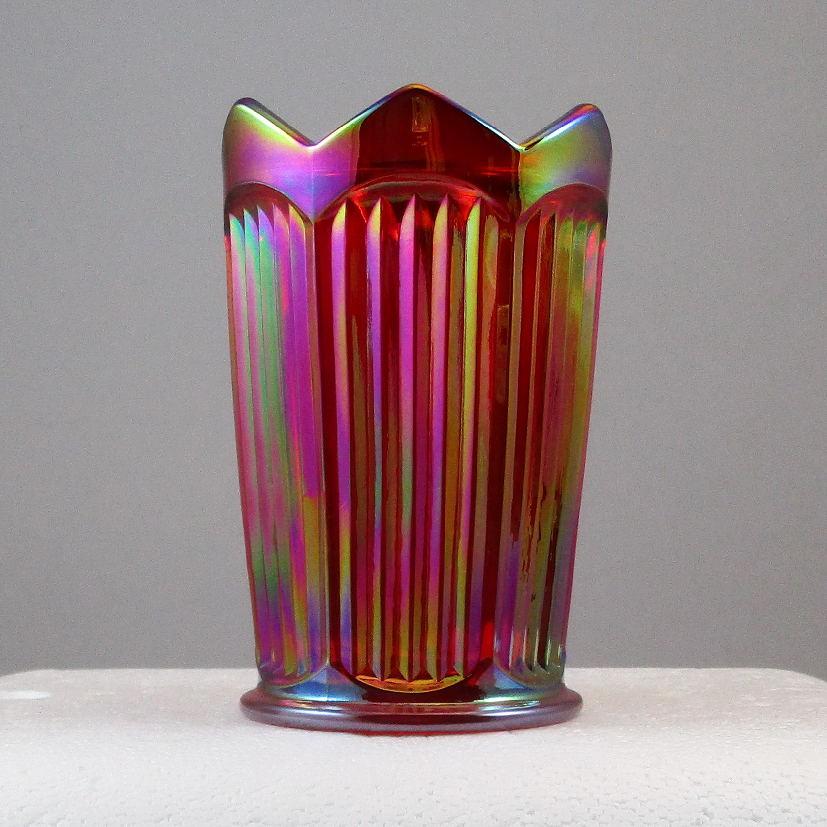 Mosser Red Fine Rib Carnival Glass Unswung Vase Carnival Glass