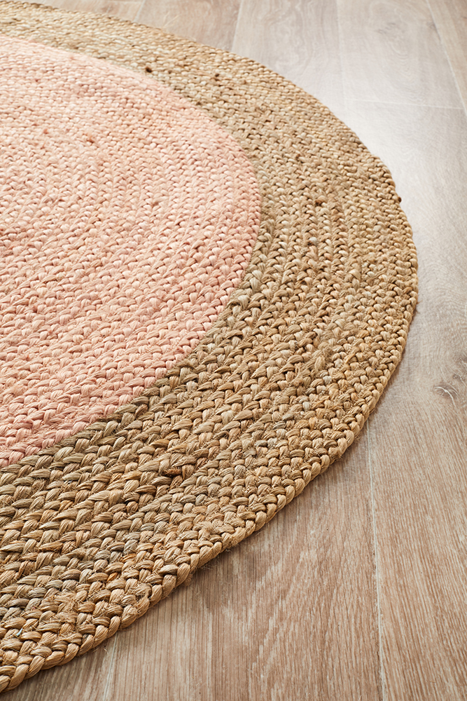 Round Pink Rug Carpet Capers Jute Fibre Flatweave.