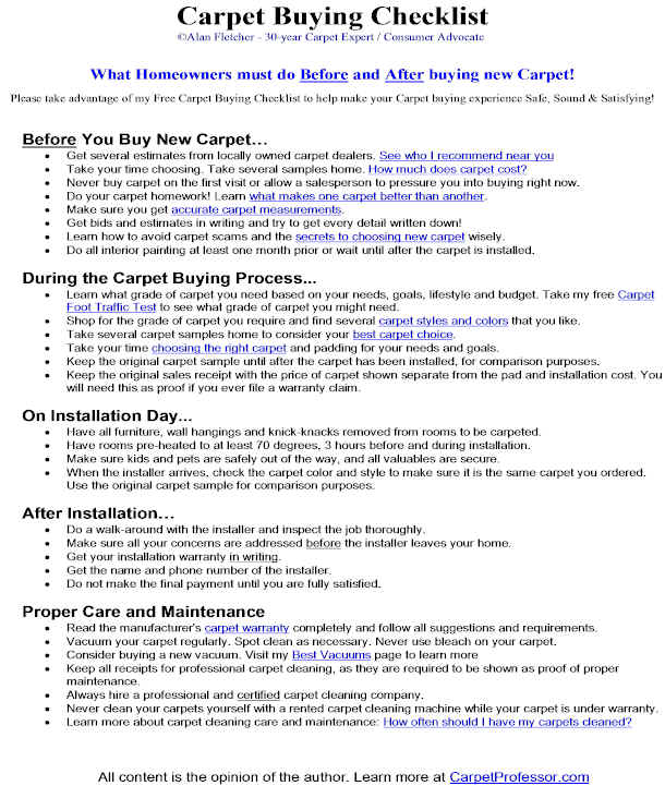 Free Carpet Shopping Form, Discount Coupon and Installation Checklist