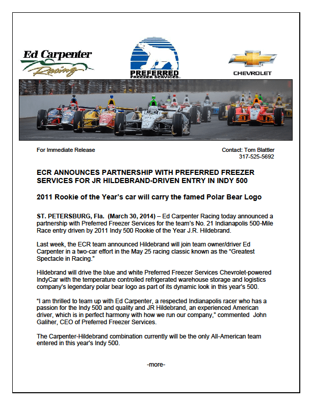 ECR Announces Preferred Freezer Services For Hildebrand Car at Indy