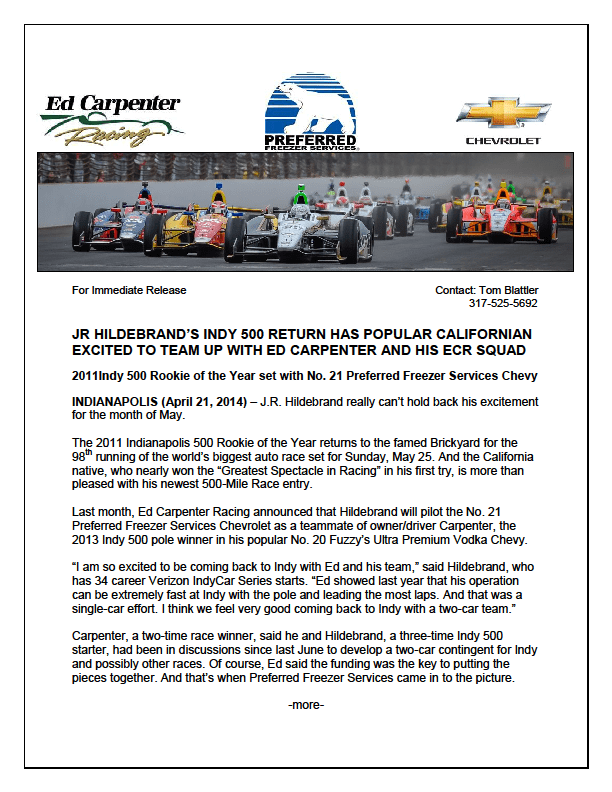 Hildebrand's Indy 500 Return Has Him Excited To Be With ECR The