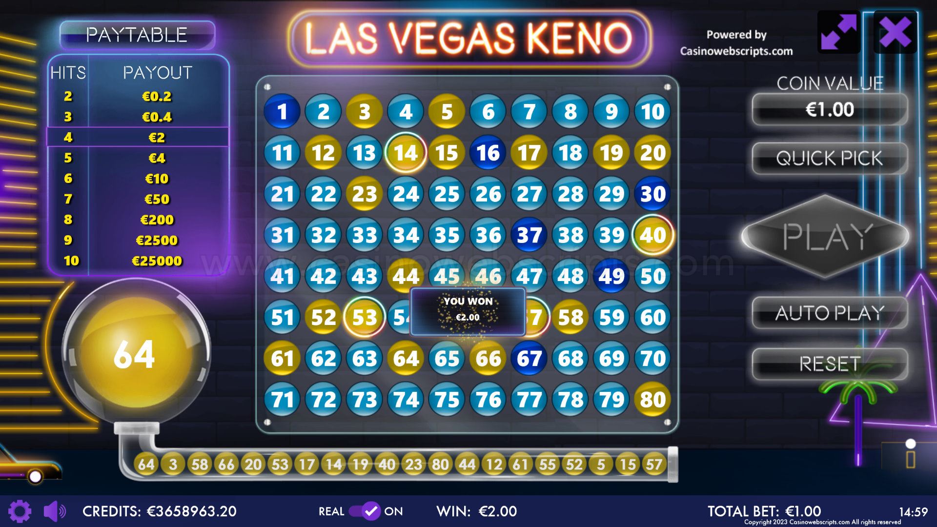 Las Vegas Keno 80 Buy arcade keno mobile HTML5 Casino Game with