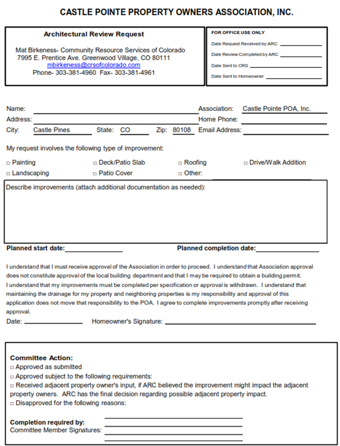 Architectural Review Request Castle Point HOA