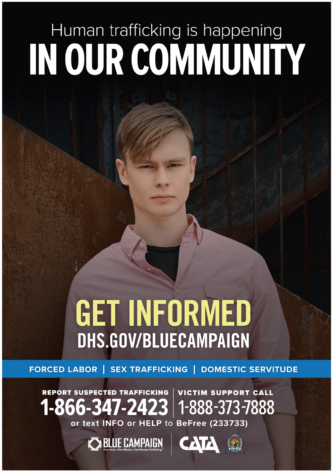 poster with title "Human trafficking is happening in our community" and a young man standing