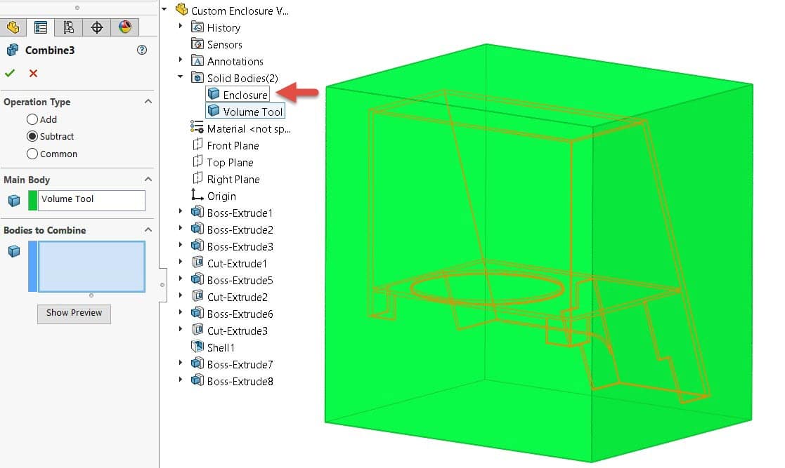 SOLIDWORKS Creating Internal Volume Combine (Subtract)