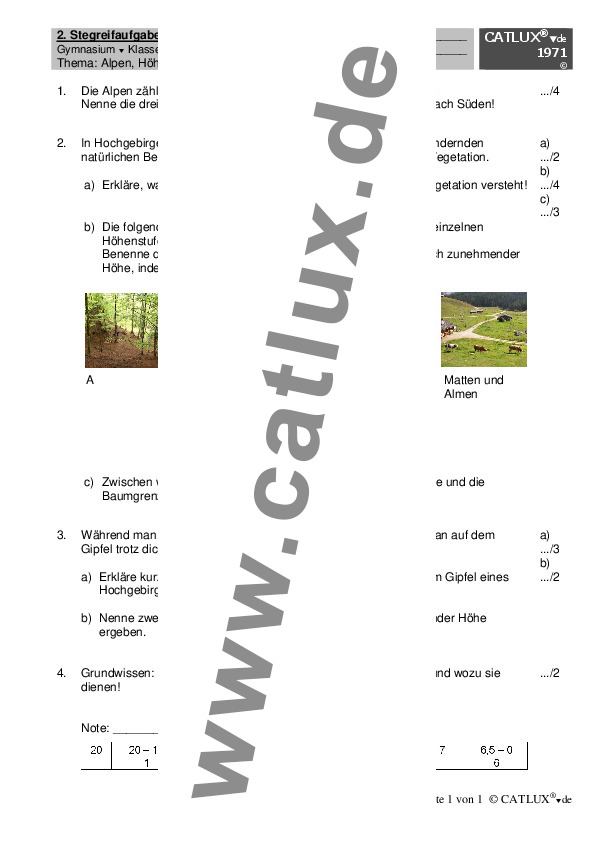 Extemporale/Stegreifaufgabe Erdkunde / Geographie Alpen, Höhenstufen